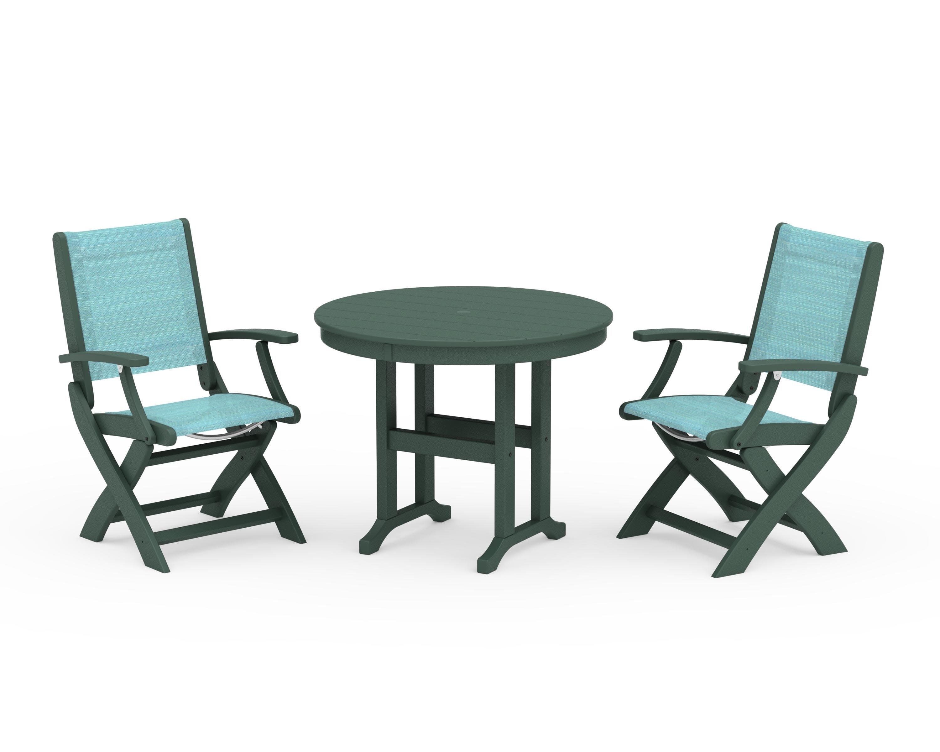 Coastal Folding Chair 3-Piece Round Dining Set in Green / Dupioni Aquamarine Sling