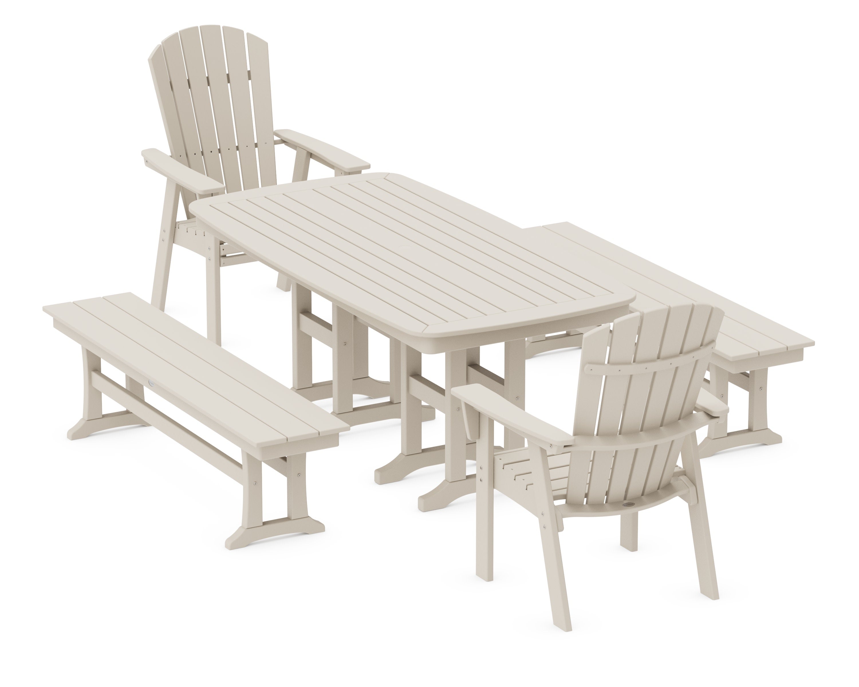 Nautical Curveback Adirondack 5-Piece Dining Set with Benches in Sand