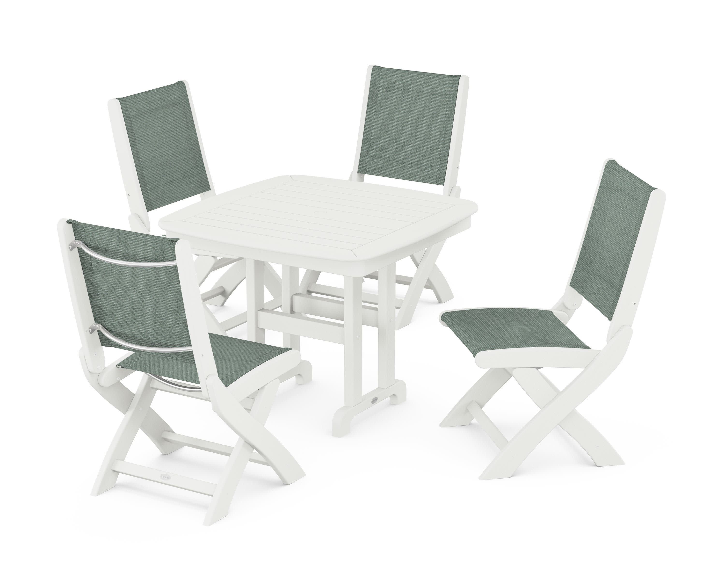Coastal Folding Side Chair 5-Piece Dining Set in Vintage White / Dupioni Sea Mist Sling