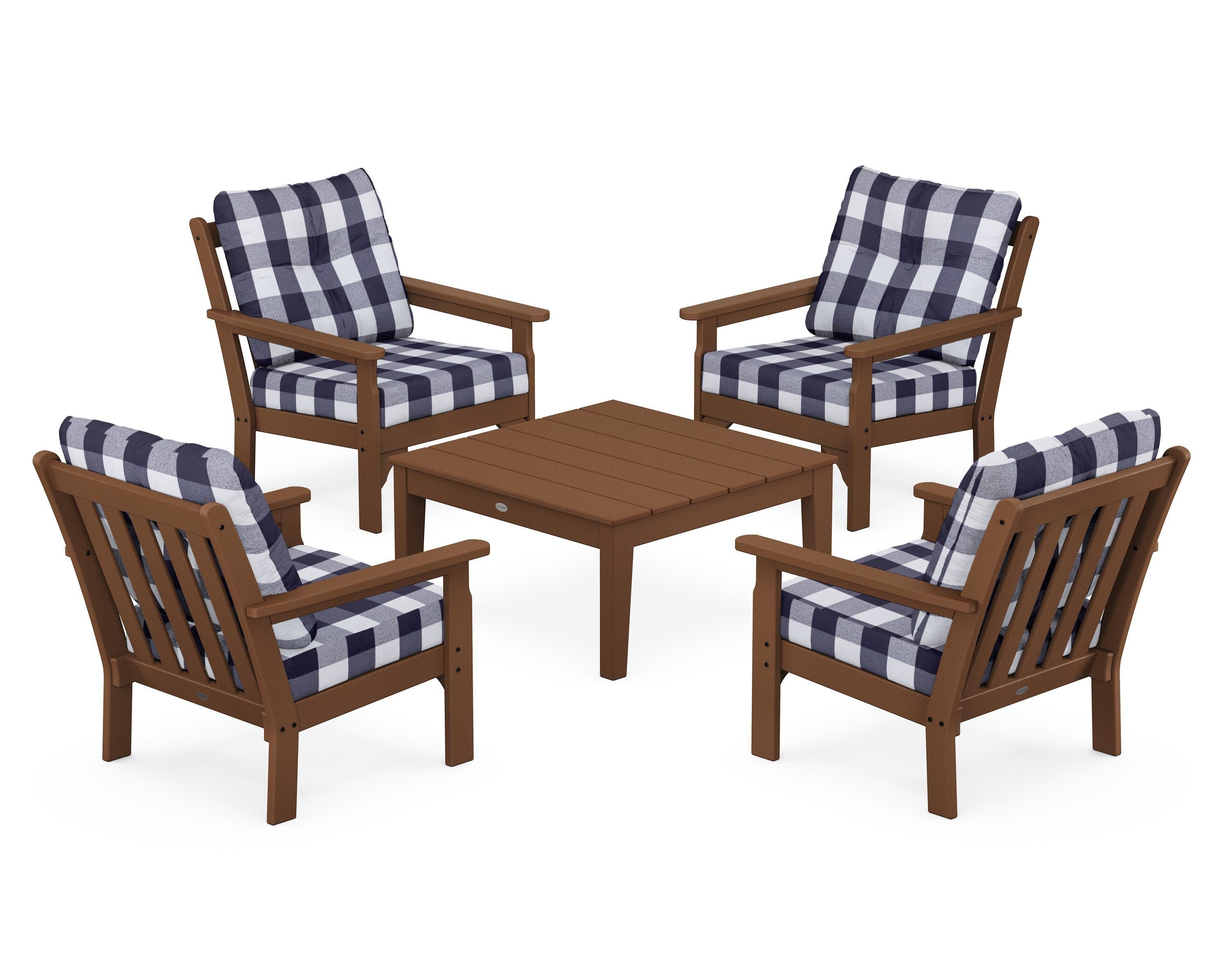 Vineyard 5-Piece Deep Seating Conversation Set in Teak / Buffalo Plaid Navy