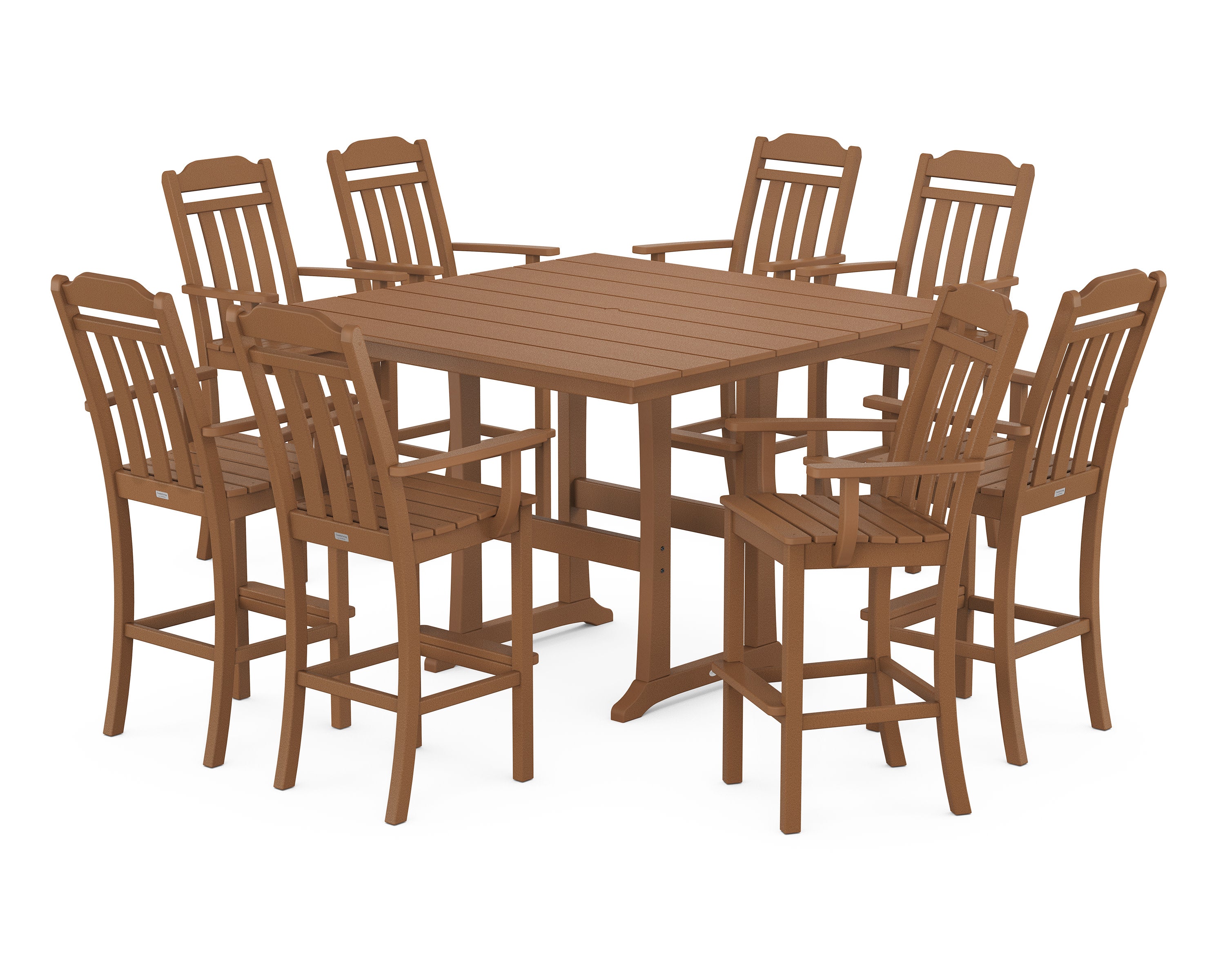 Cottage 9-Piece Farmhouse Bar Set with Trestle Legs in Teak