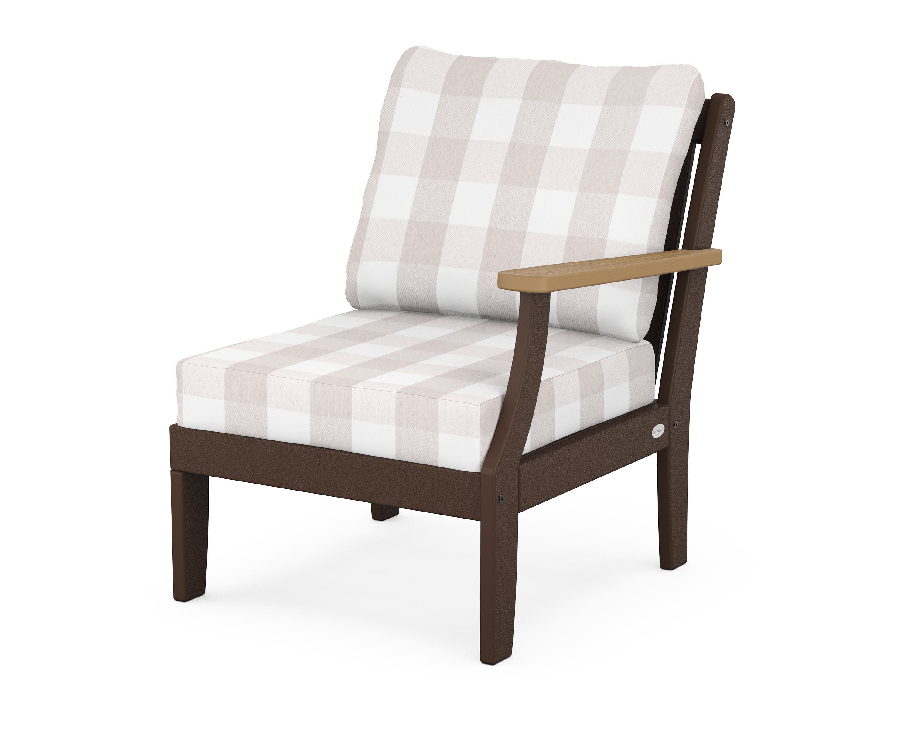 Braxton Modular Right Arm Chair in Mahogany / Natural / Buffalo Plaid Dune Burlap