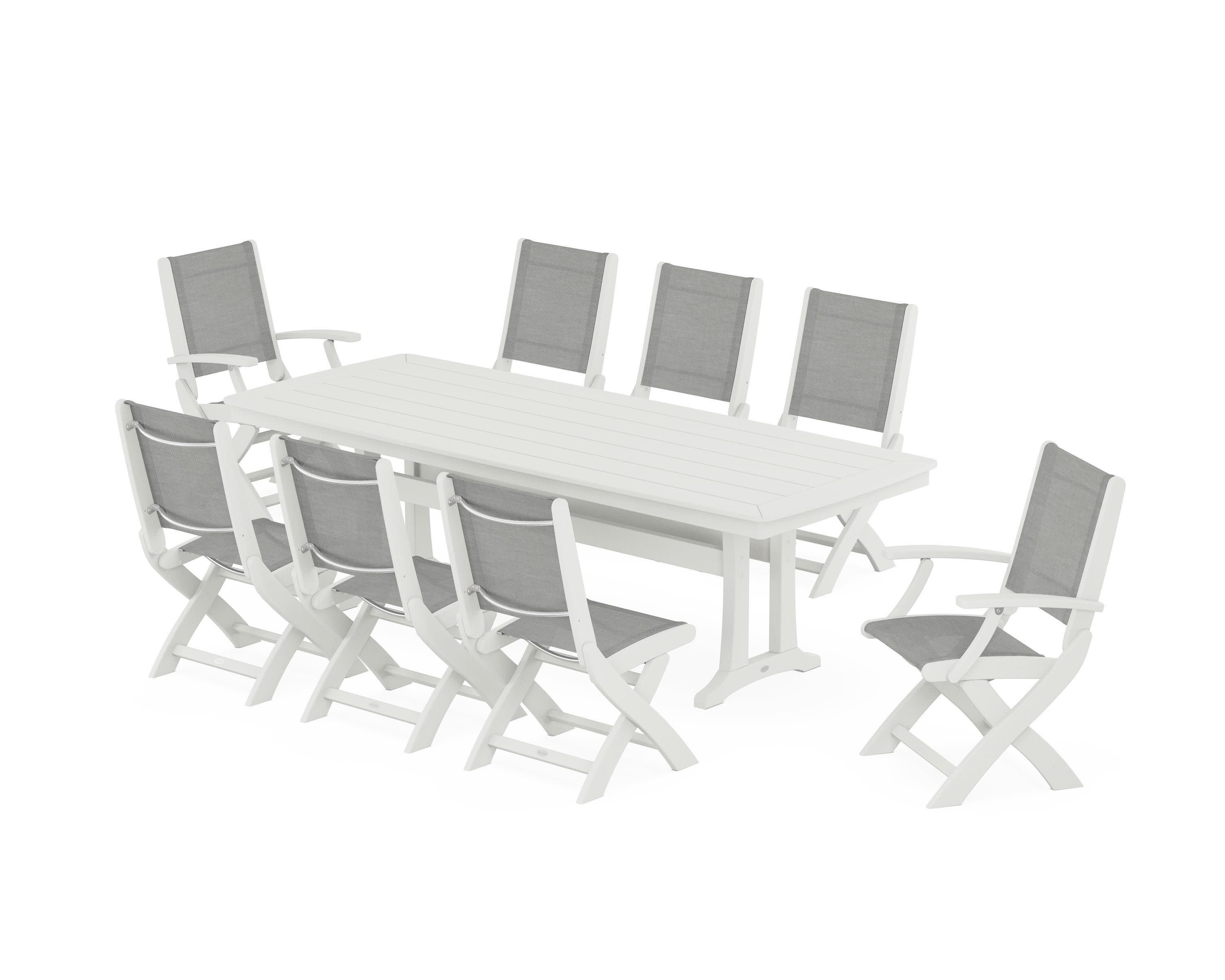 Coastal Folding 9-Piece Dining Set with Trestle Legs in Vintage White / Metallic Sling