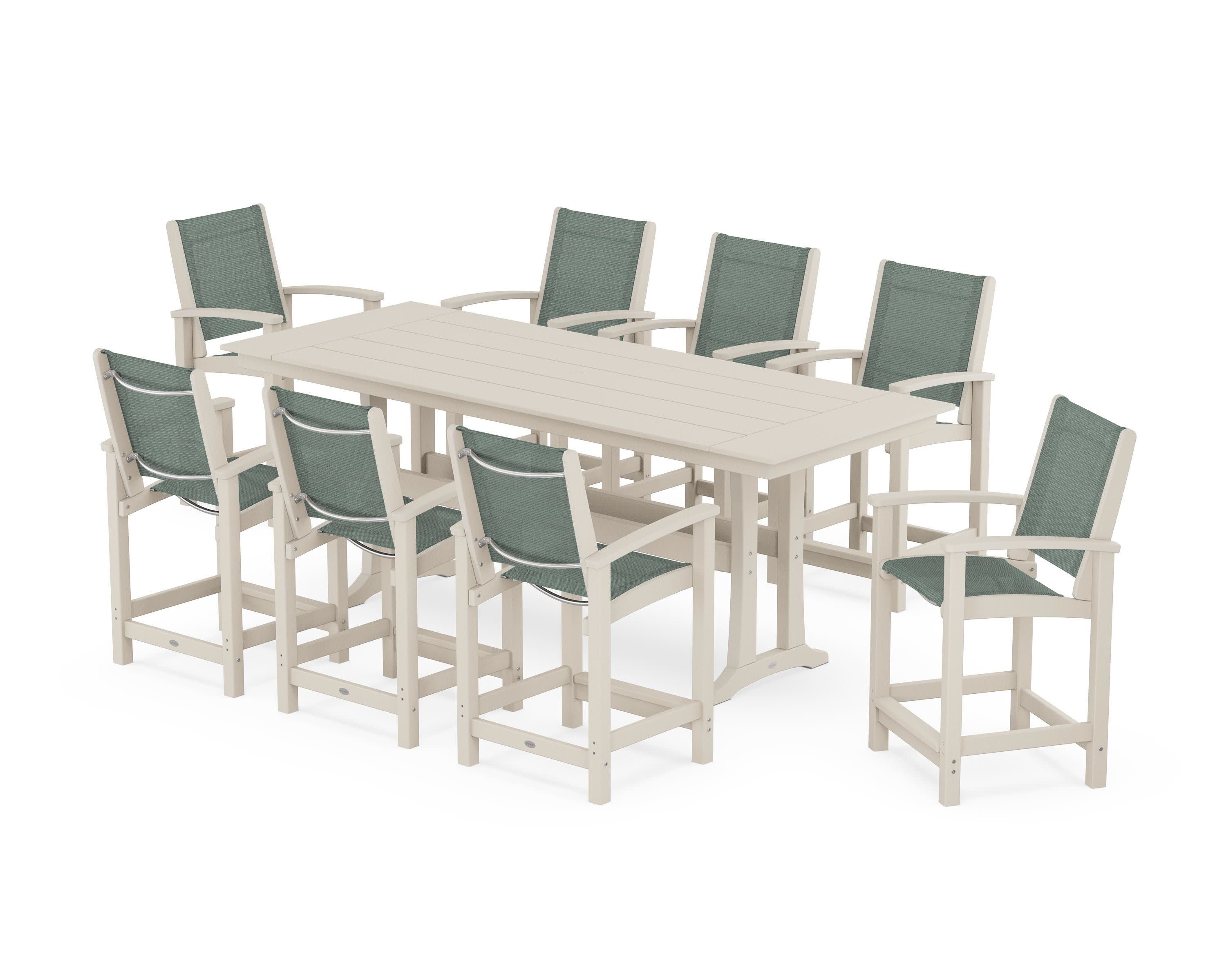 Coastal 9-Piece Farmhouse Counter Set with Trestle Legs in Sand / Dupioni Sea Mist Sling