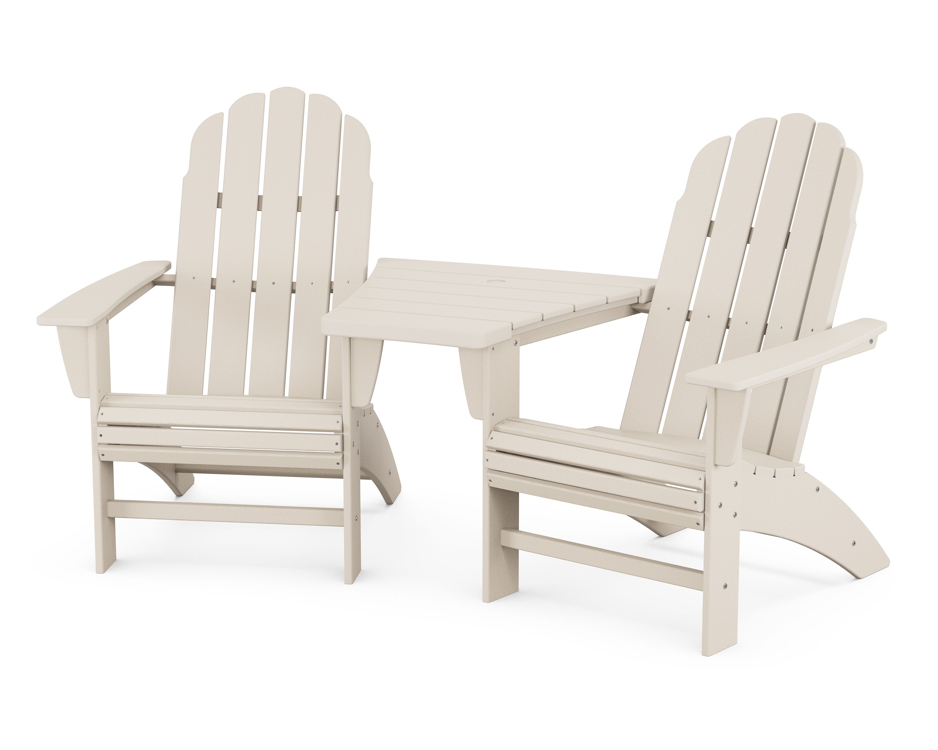 Vineyard 3-Piece Curveback Adirondack Set with Angled Connecting Table in Sand