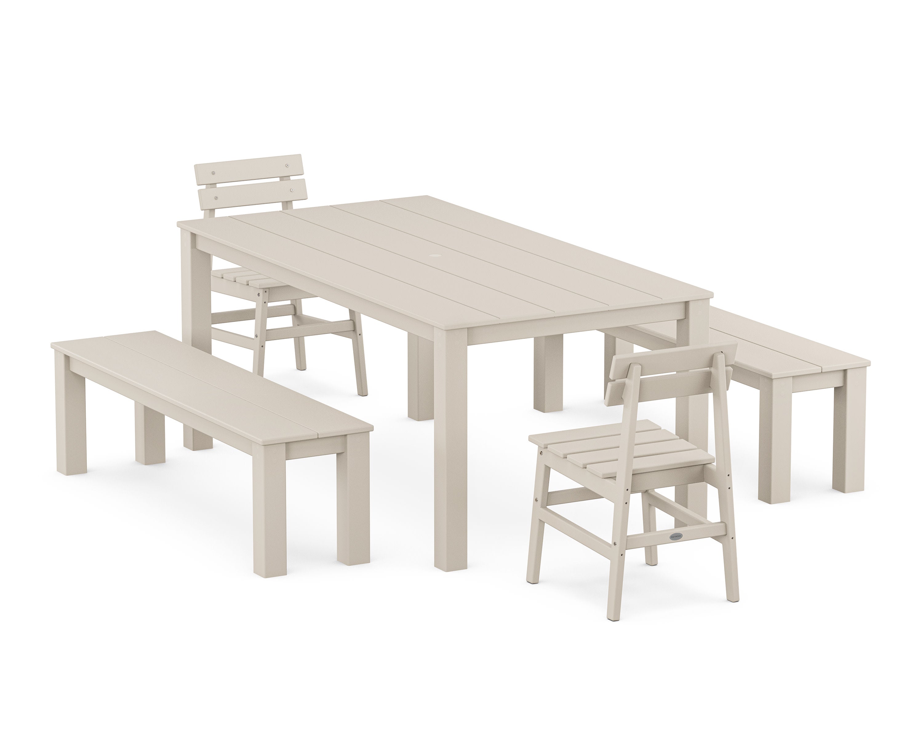 Modern Studio Plaza Chair 5-Piece Parsons Dining Set with Benches in Sand