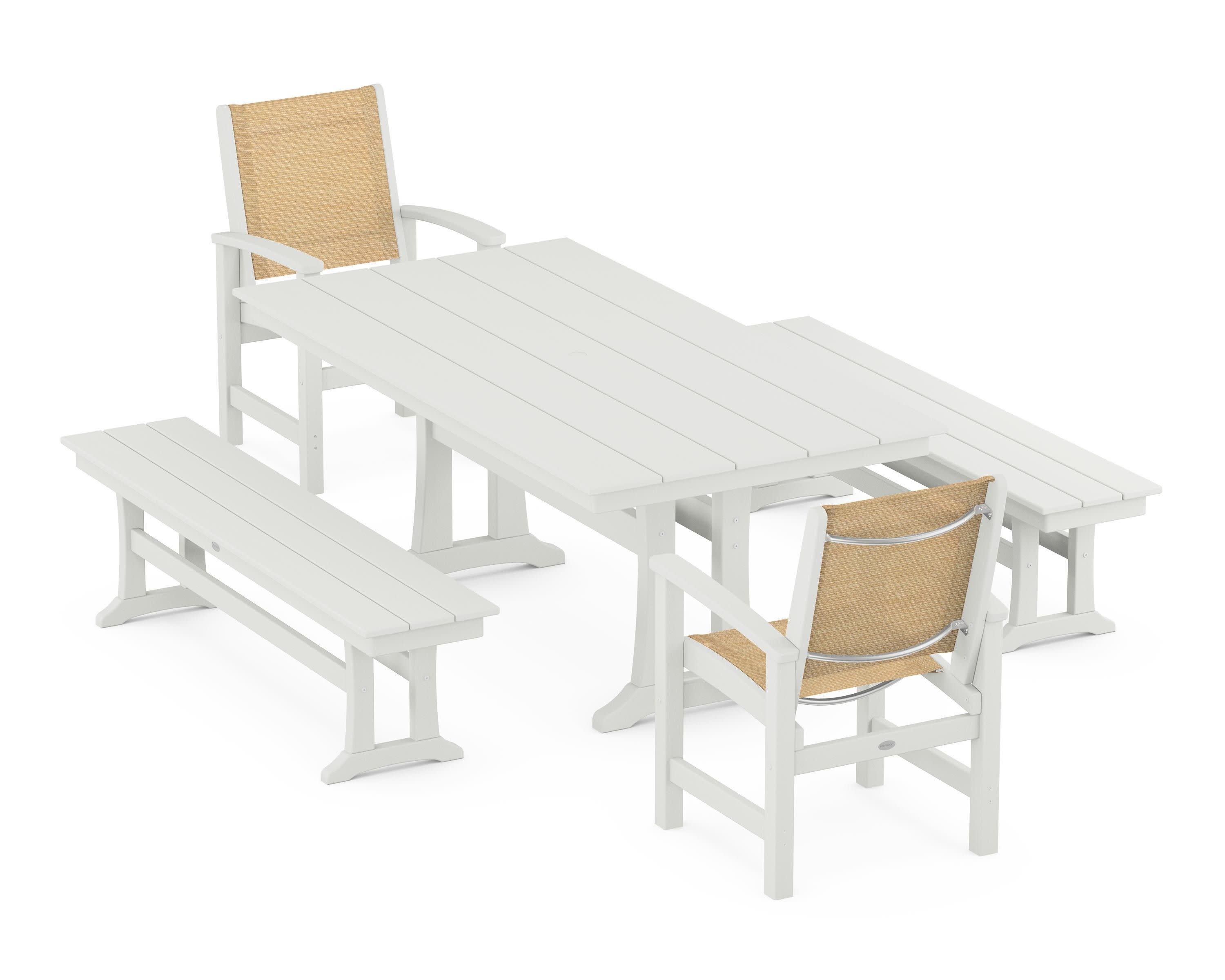 Coastal 5-Piece Farmhouse Dining Set with Trestle Legs and Benches in Vintage White / Dupioni Apricot Sling