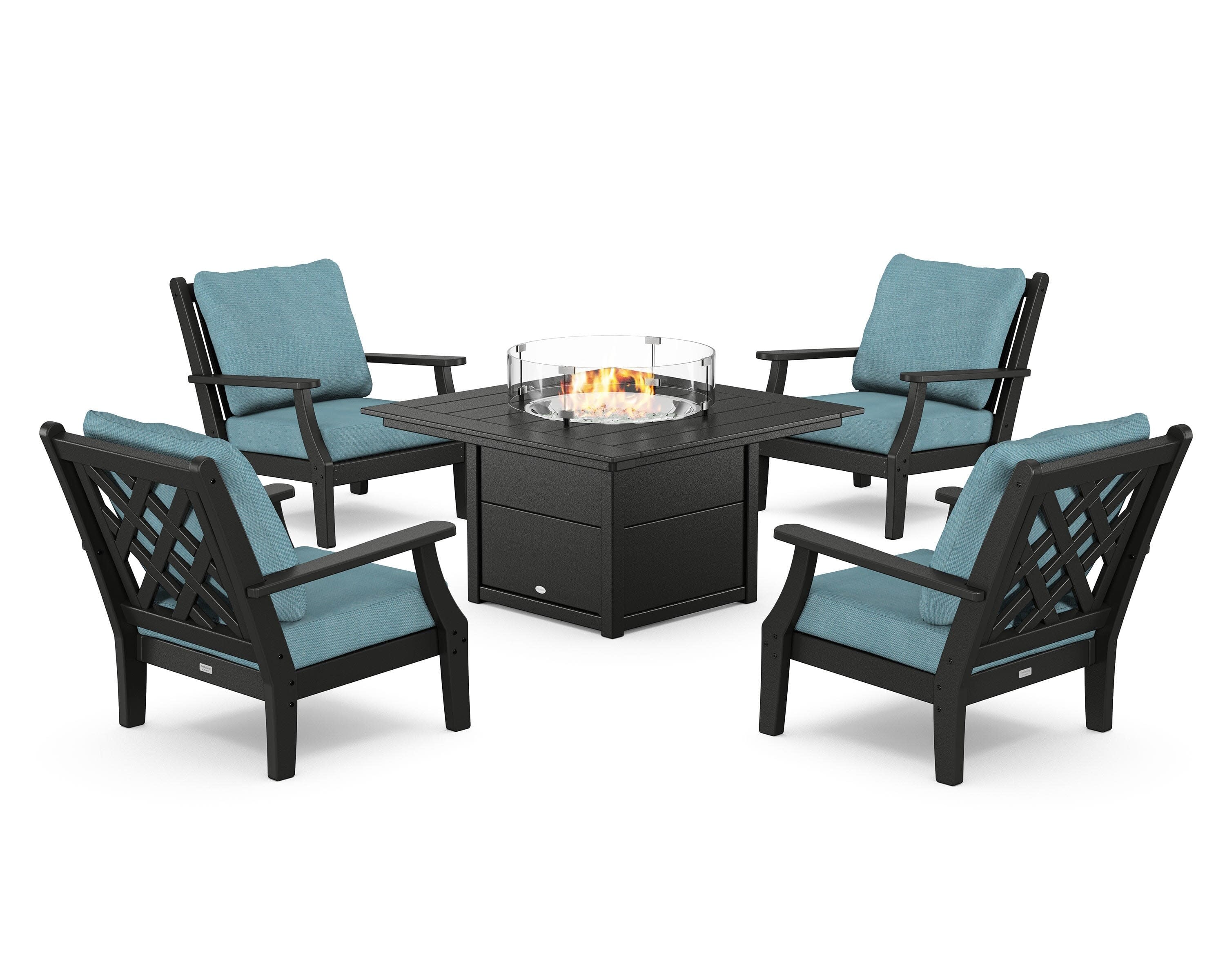 Wovendale 5-Piece Deep Seating Set with Fire Pit Table in Black / Lattice Sky Blue