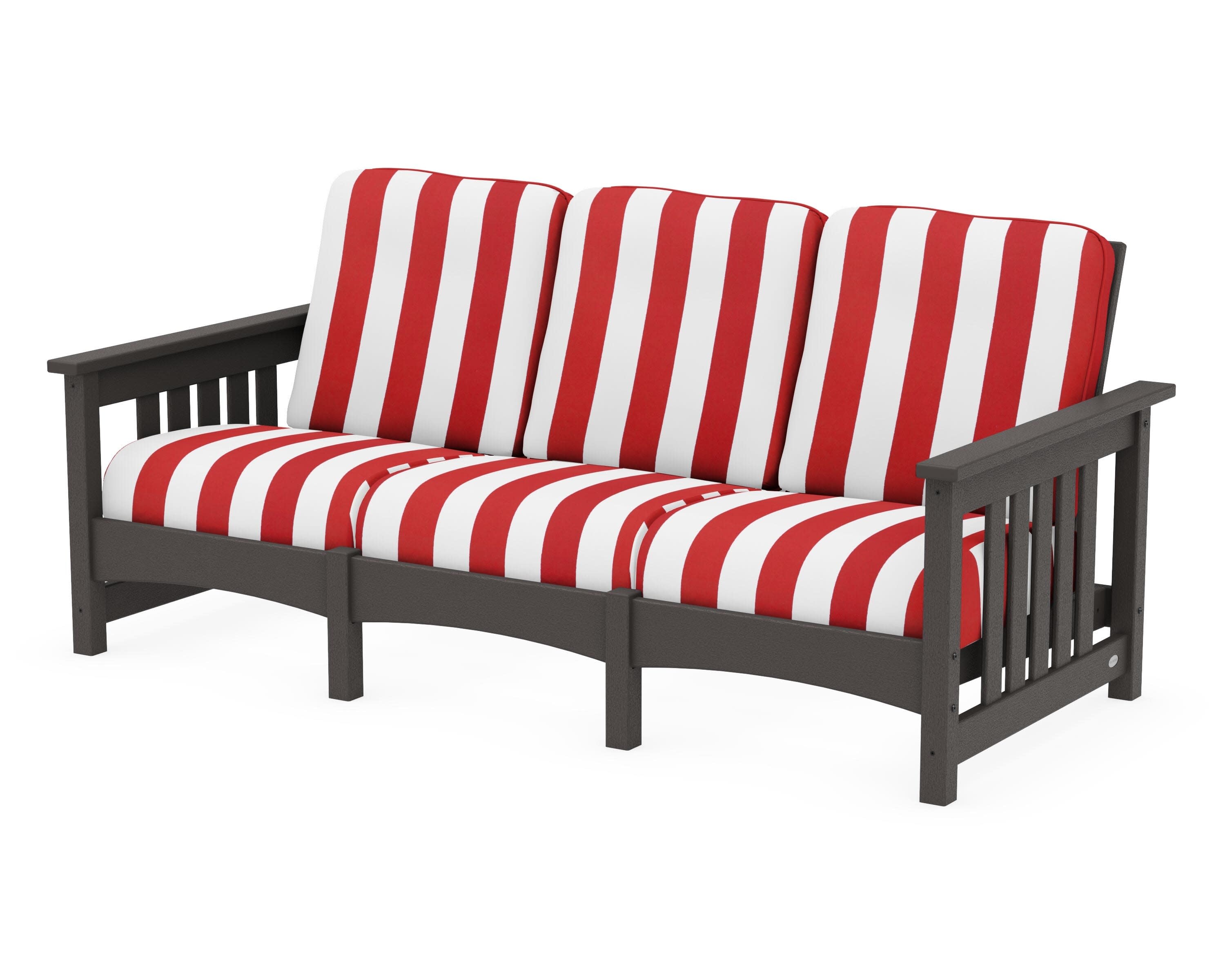 Club Mission Sofa in Vintage Coffee / Cabana Stripe Crimson