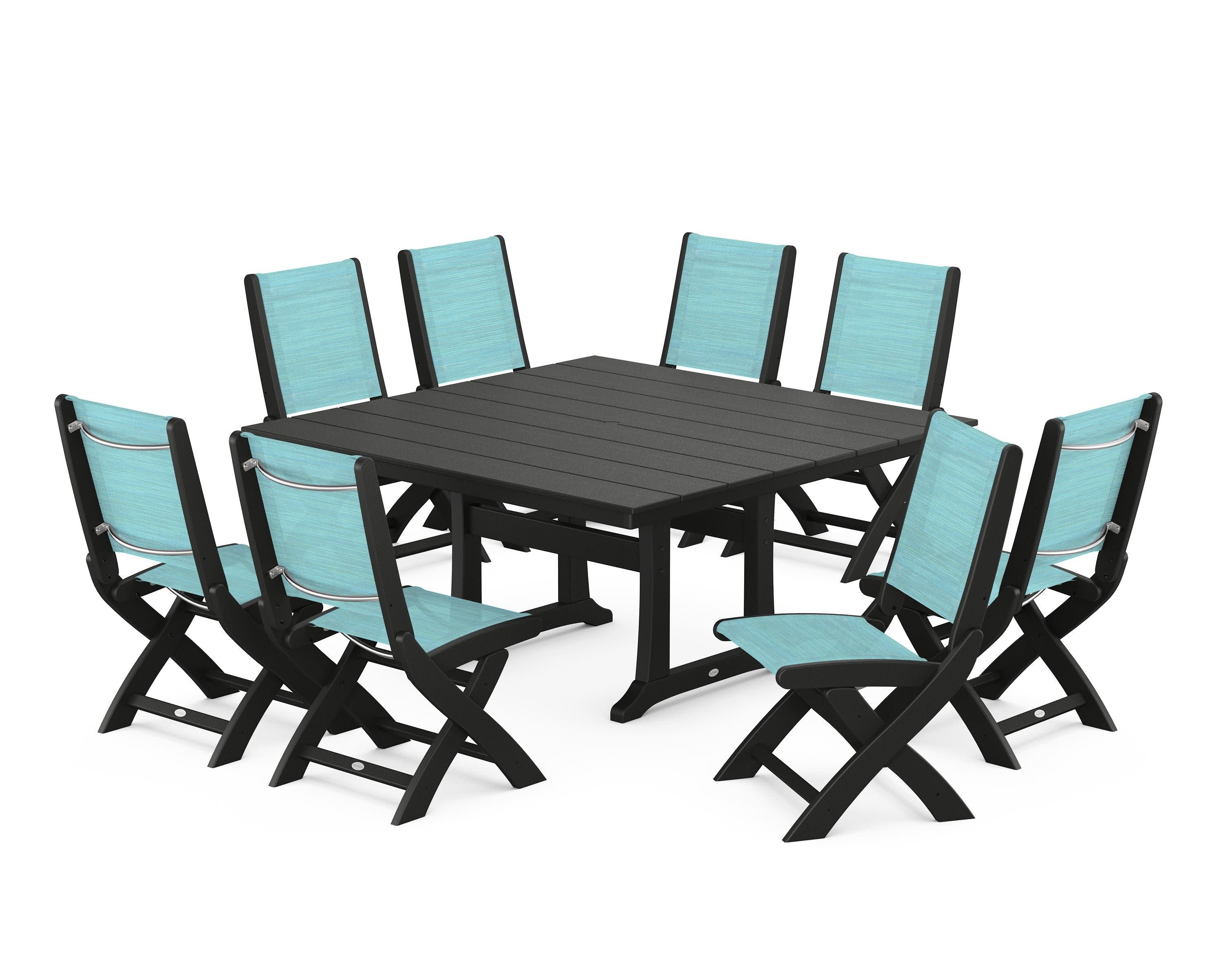 Coastal Folding Side Chair 9-Piece Farmhouse Dining Set in Black / Dupioni Aquamarine Sling