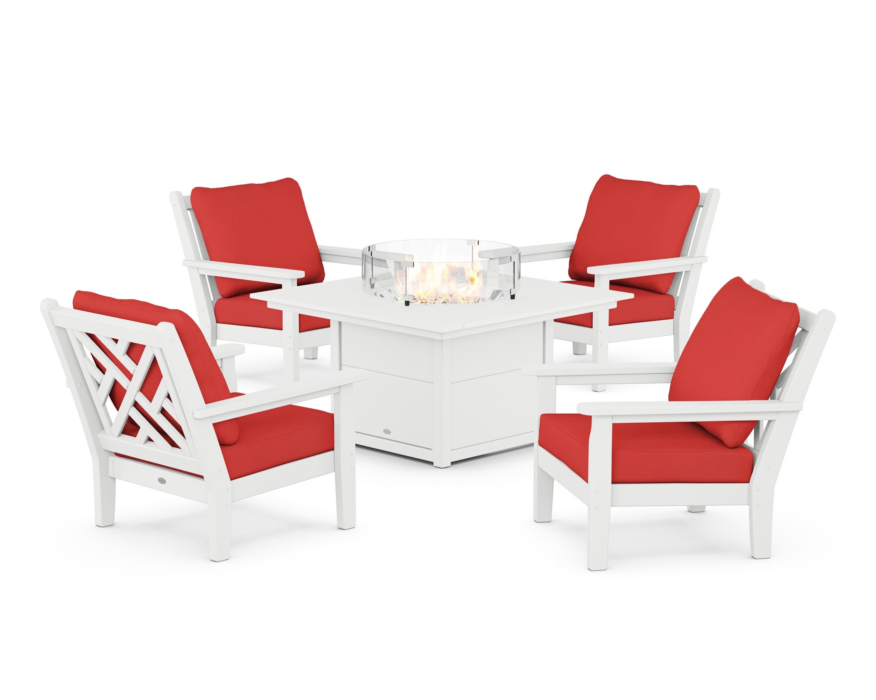 Chippendale 5-Piece Deep Seating Set with Fire Pit Table in White / Crimson Linen