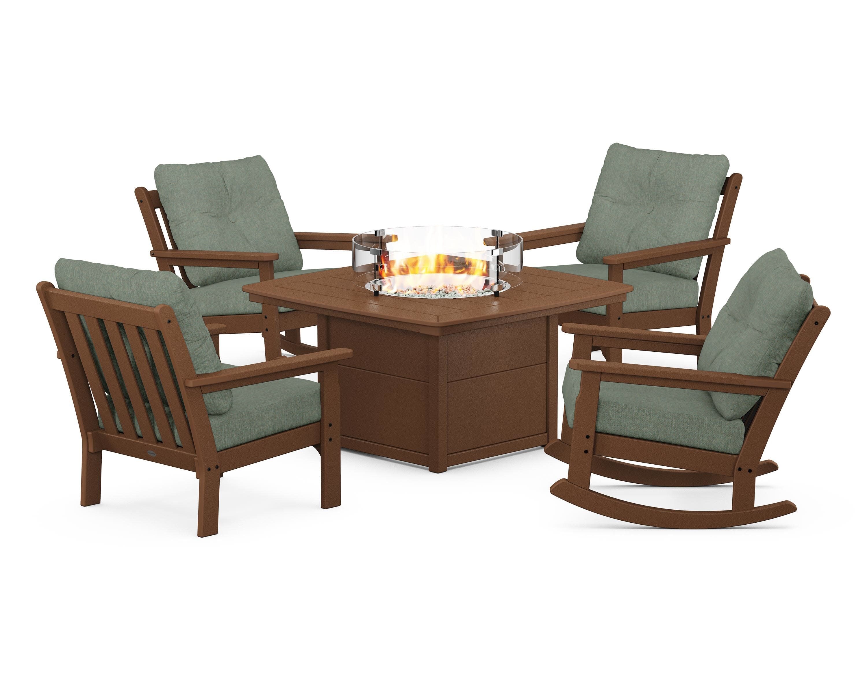 Vineyard 5-Piece Deep Seating Rocking Chair Conversation Set with Fire Pit Table in Teak / Cast Sage