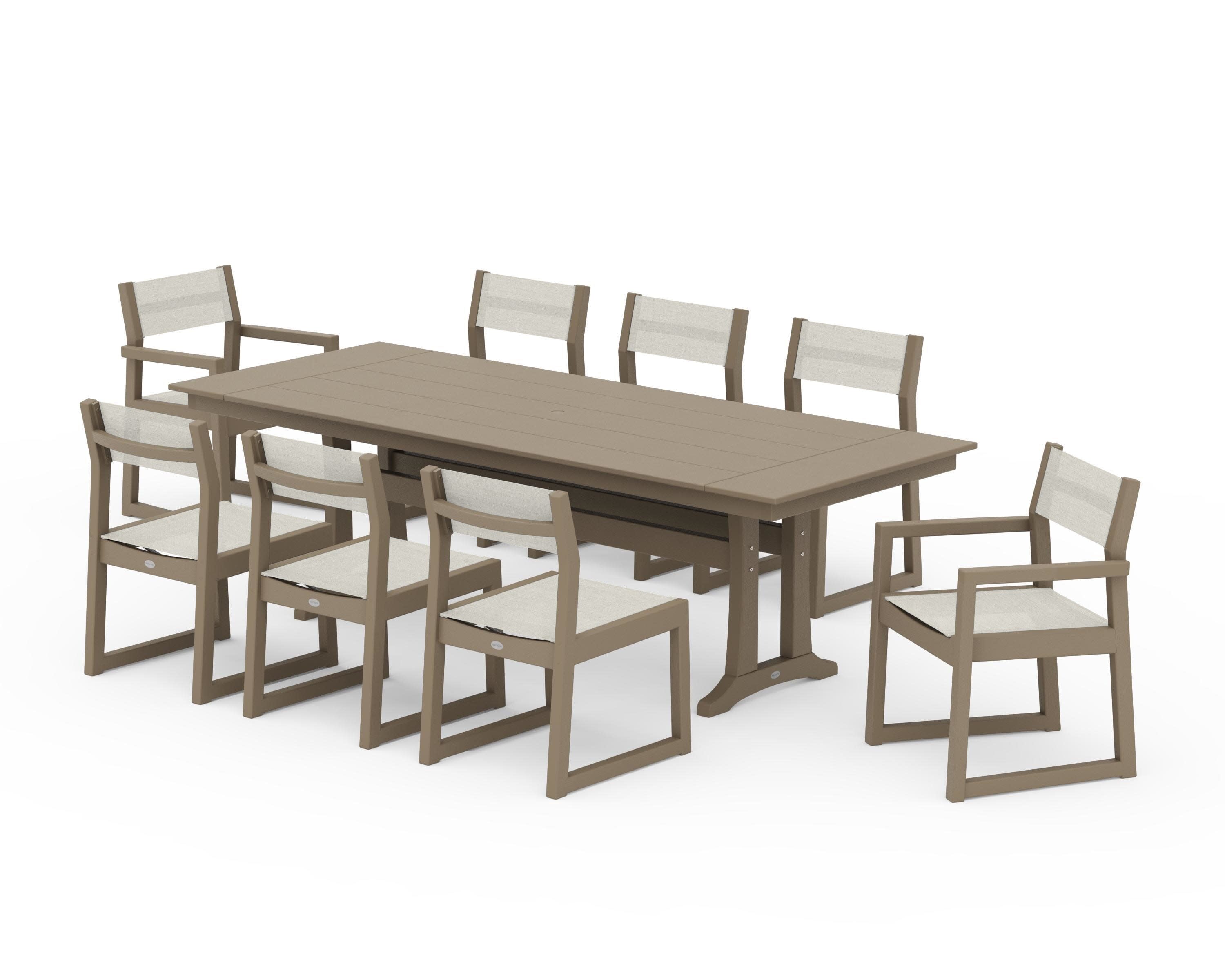 EDGE Sling 9-Piece Farmhouse Trestle Dining Set in Vintage Sahara / Parchment Sling
