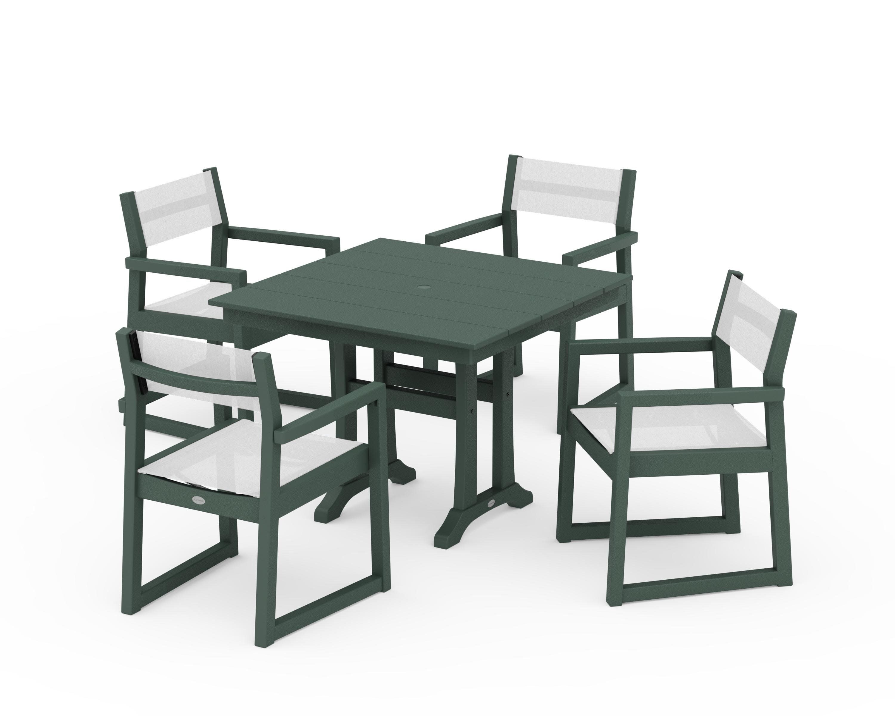 EDGE Sling 5-Piece Farmhouse Dining Set with Trestle Legs in Green / White Sling