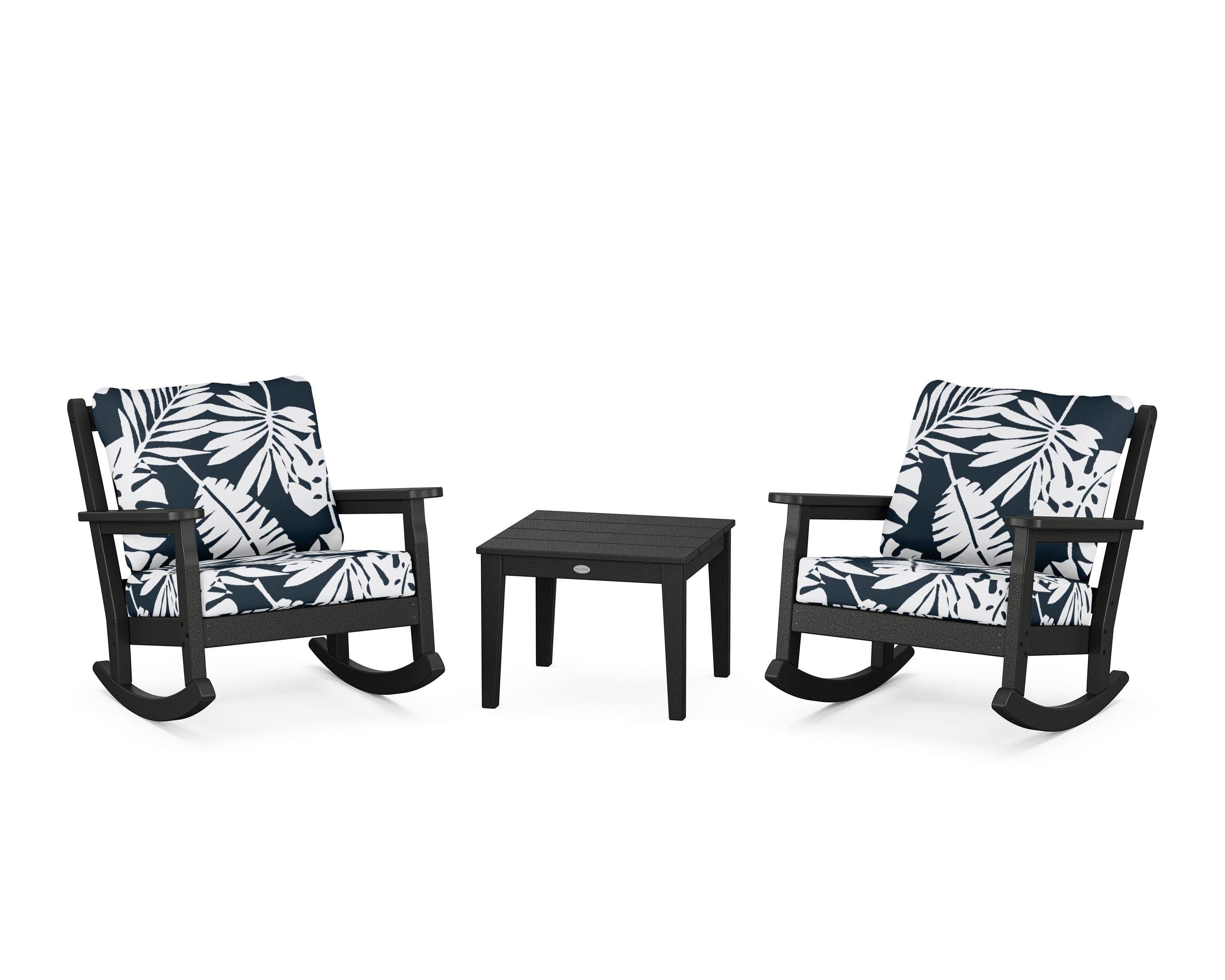 Chippendale 3-Piece Deep Seating Rocker Set in Black / Leaf Marine Indigo