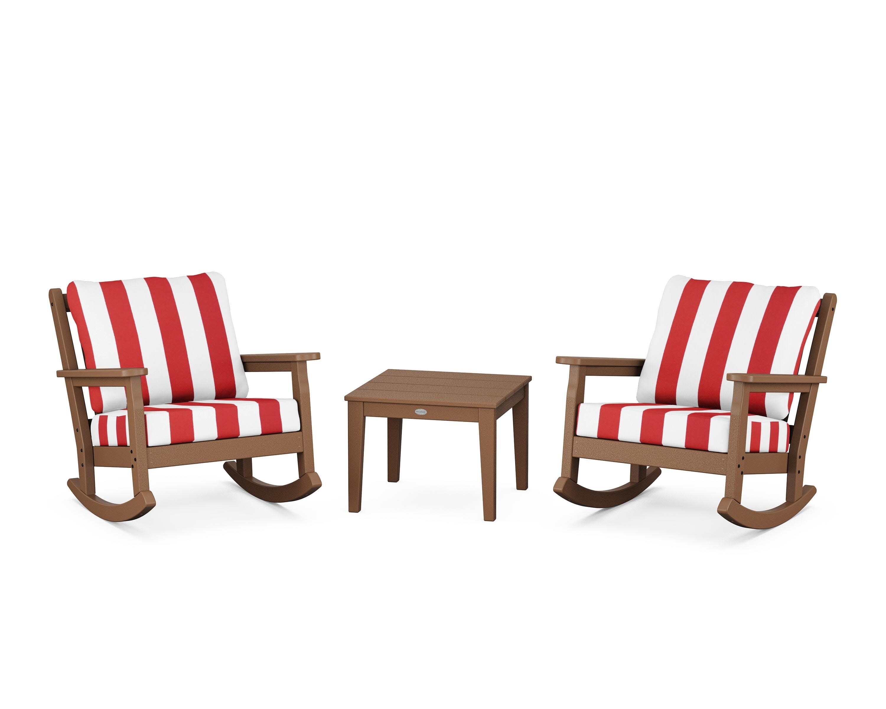 Chippendale 3-Piece Deep Seating Rocker Set in Teak / Cabana Stripe Crimson