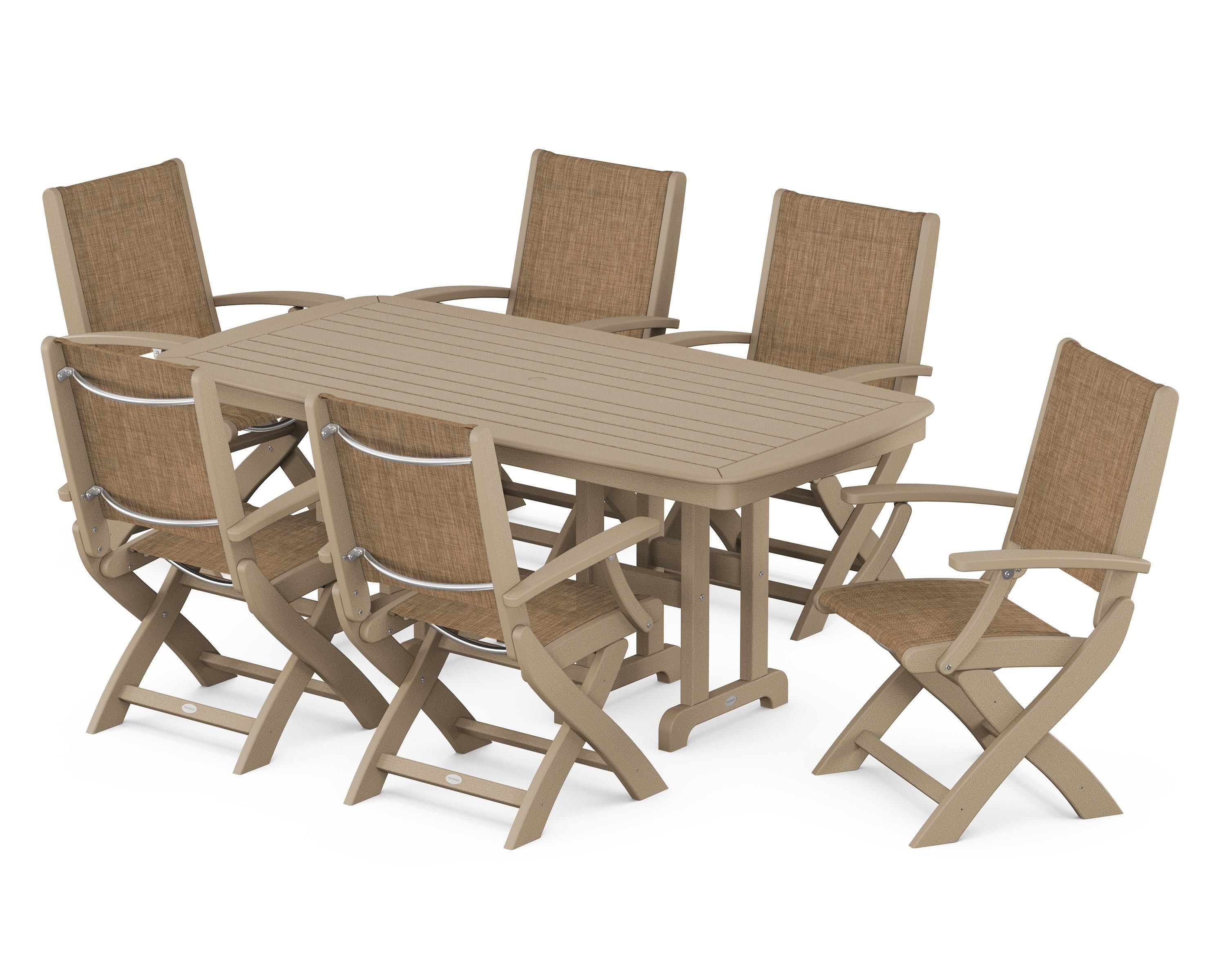 Coastal Folding Arm Chair 7-Piece Dining Set in Vintage Sahara / Burlap Sling