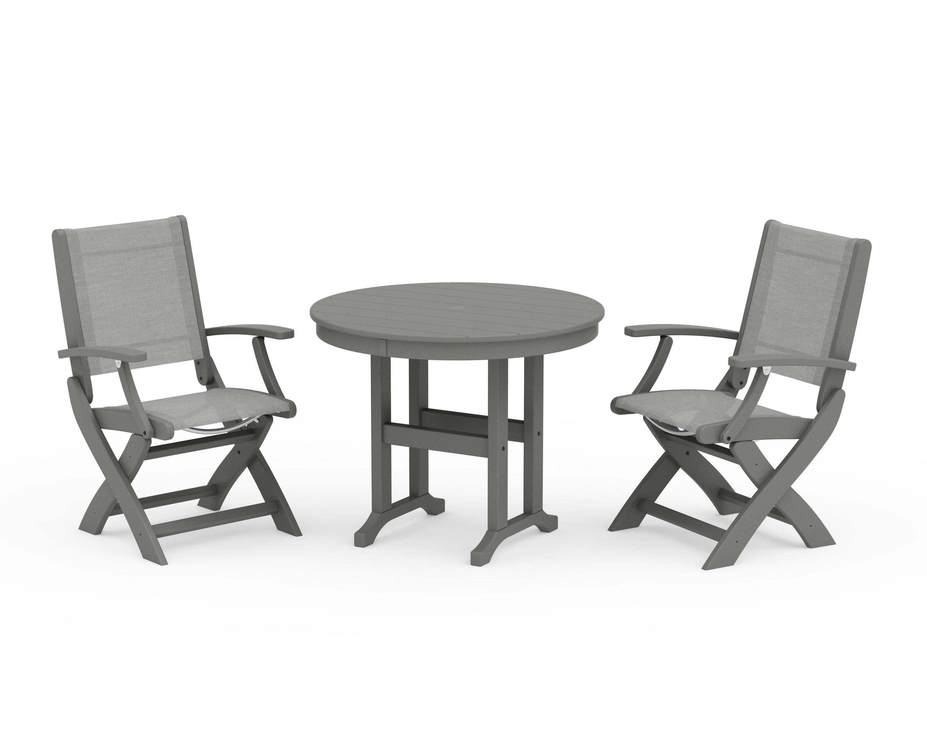 Coastal Folding Chair 3-Piece Round Dining Set in Slate Grey / Metallic Sling