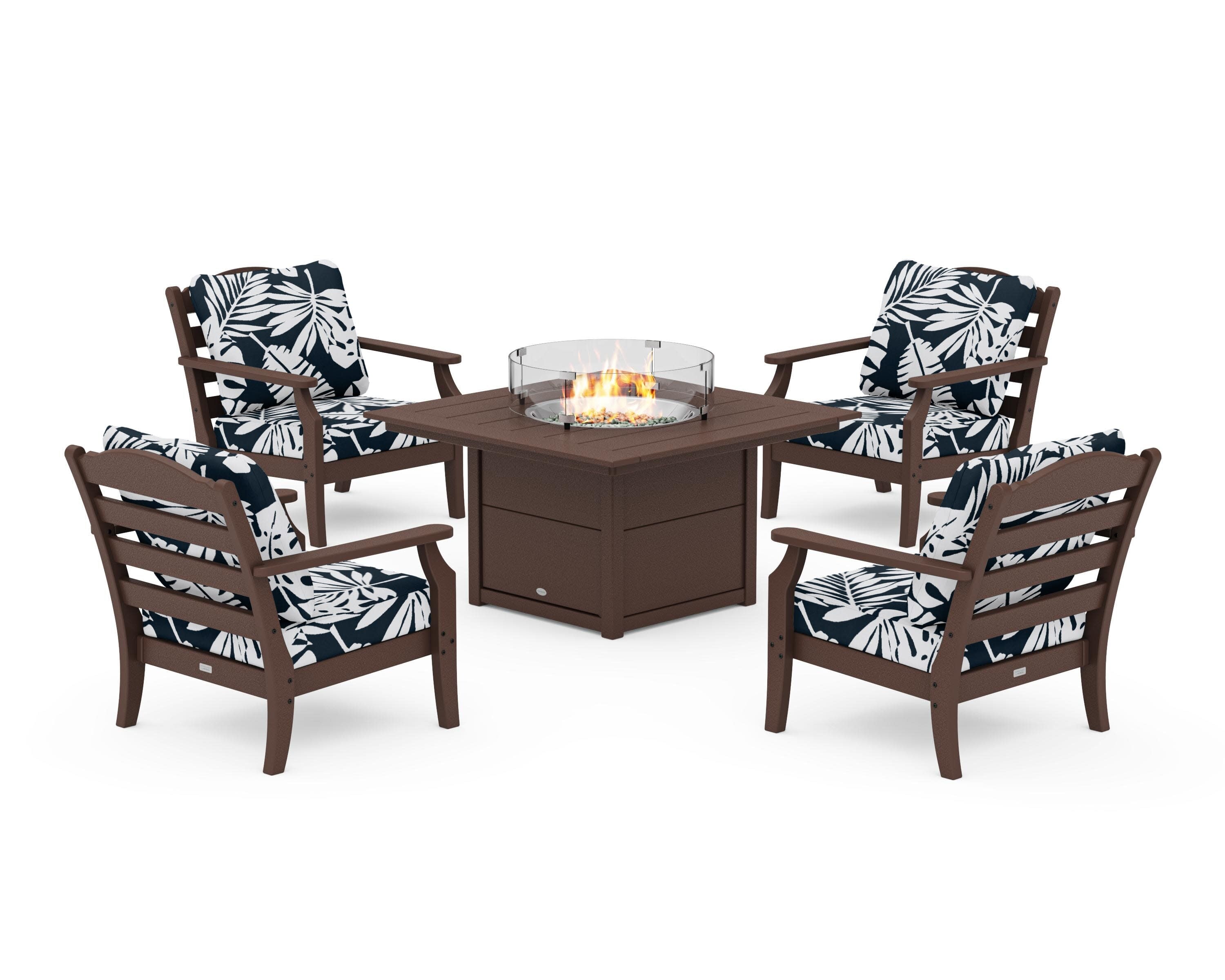 Savannah 5-Piece Deep Seating Set with Fire Pit Table in Mahogany / Leaf Marine Indigo