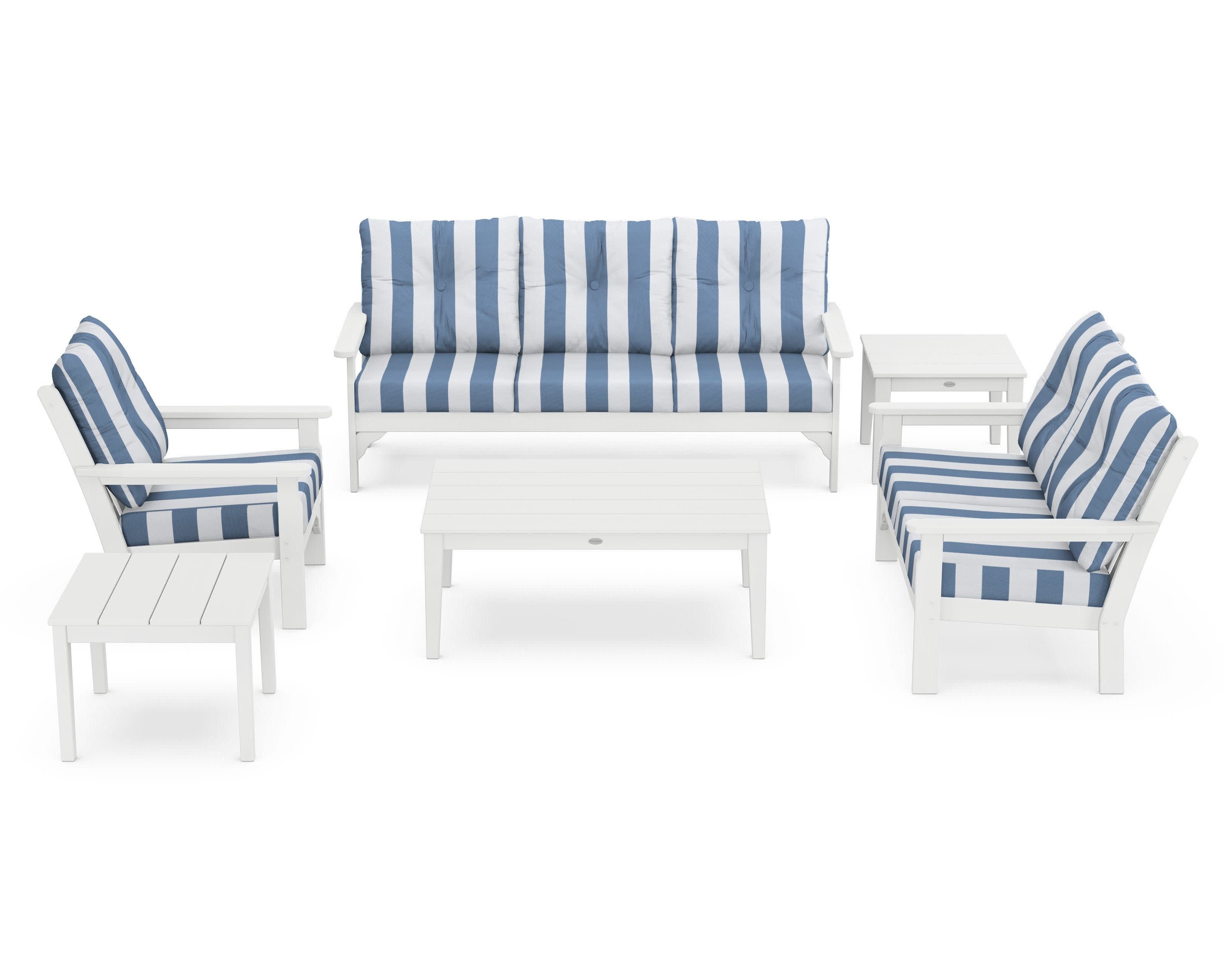 Vineyard 6-Piece Deep Seating Set in White / Cabana Stripe Sky Blue