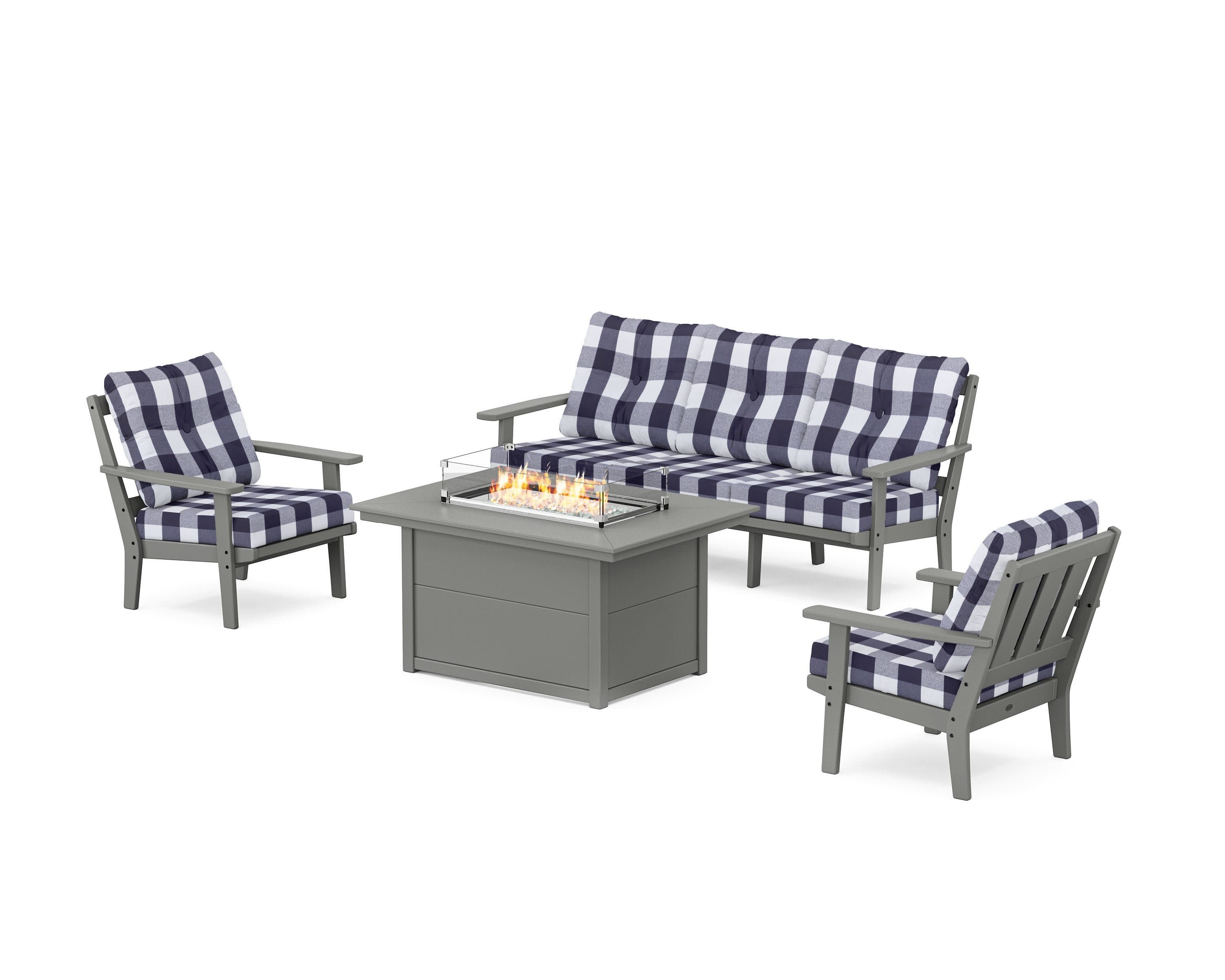 Oxford Deep Seating Fire Pit Table Set in Slate Grey / Buffalo Plaid Navy