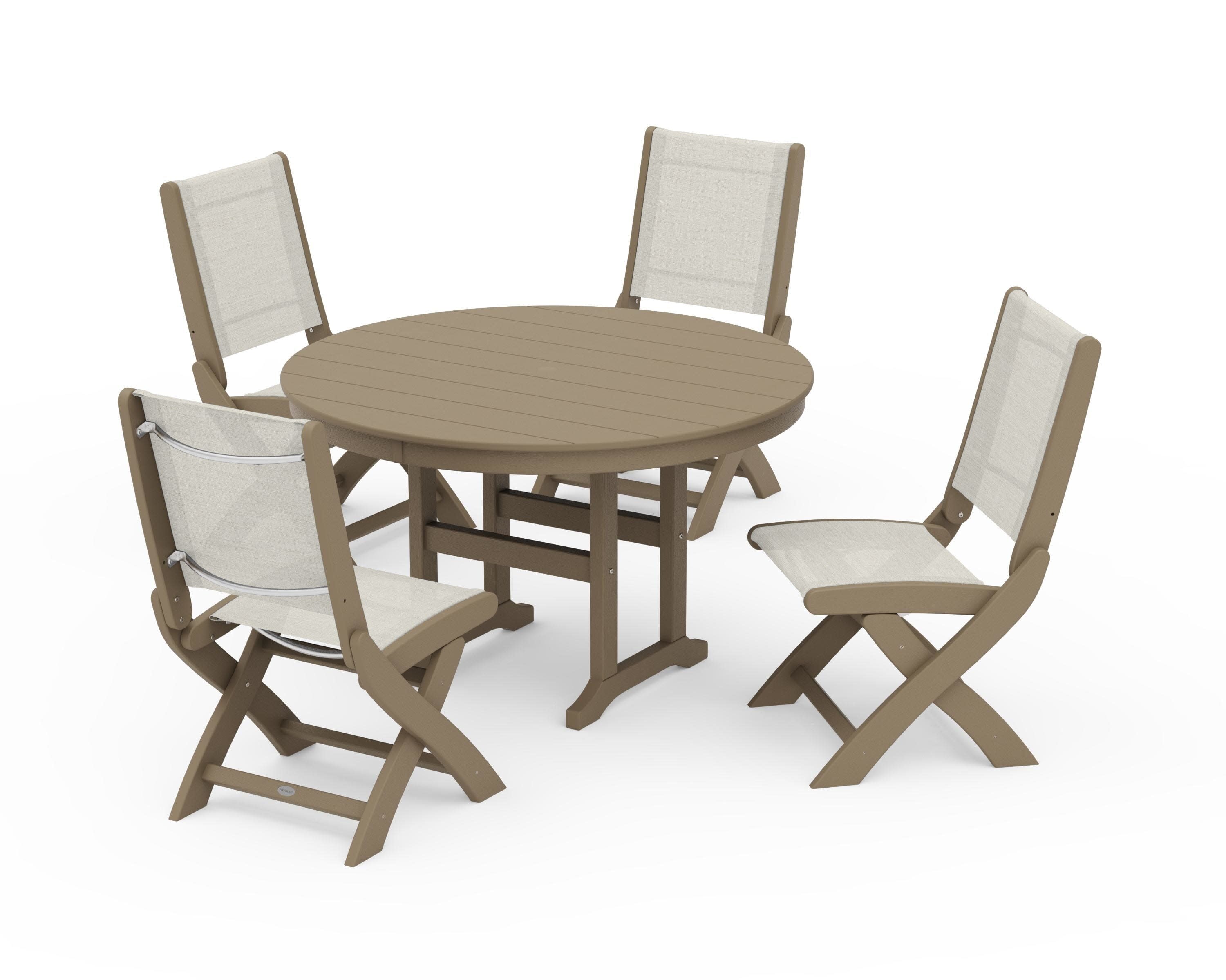Coastal Folding Side Chair 5-Piece Round Dining Set in Vintage Sahara / Parchment Sling