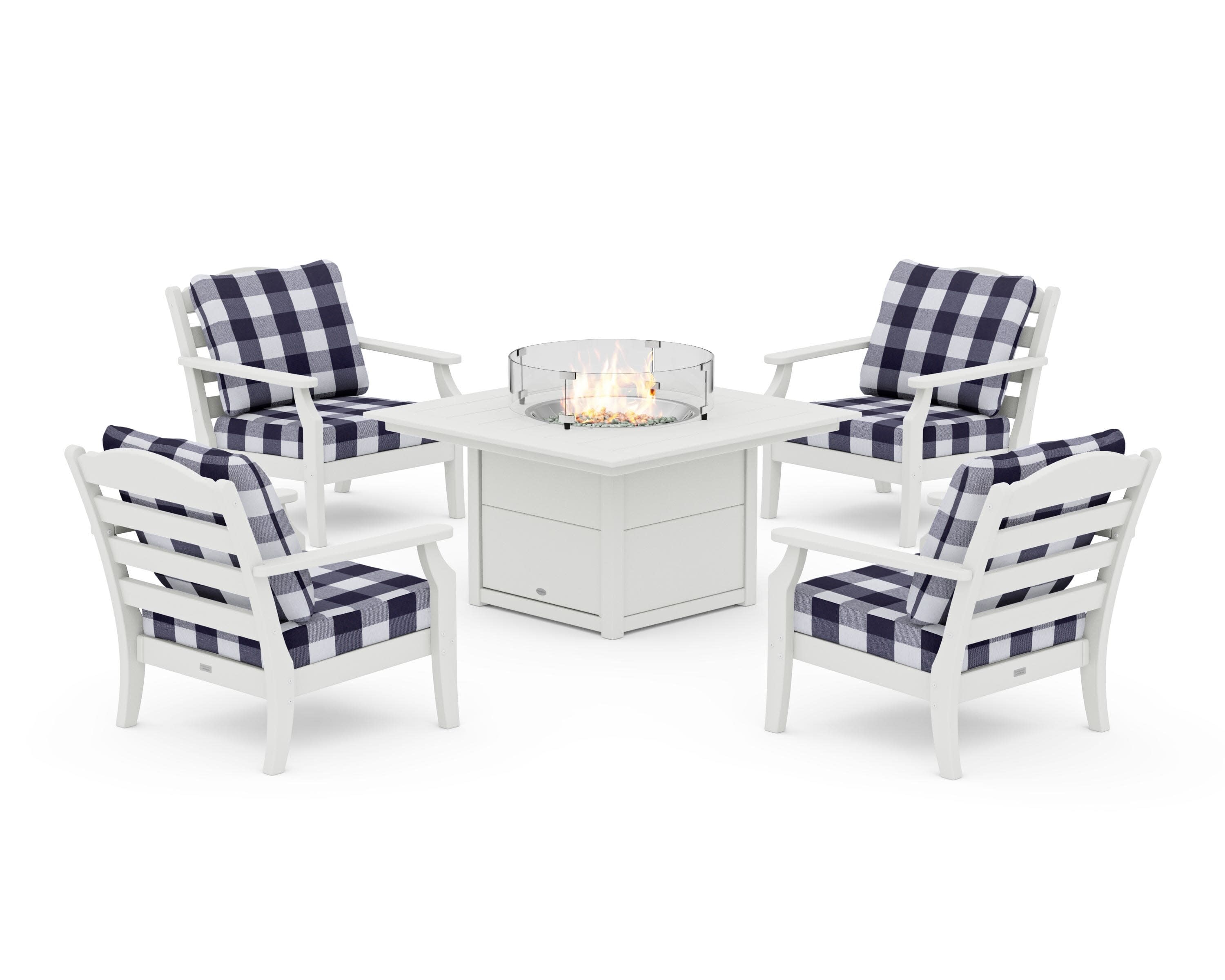 Savannah 5-Piece Deep Seating Set with Fire Pit Table in Vintage White / Buffalo Plaid Navy