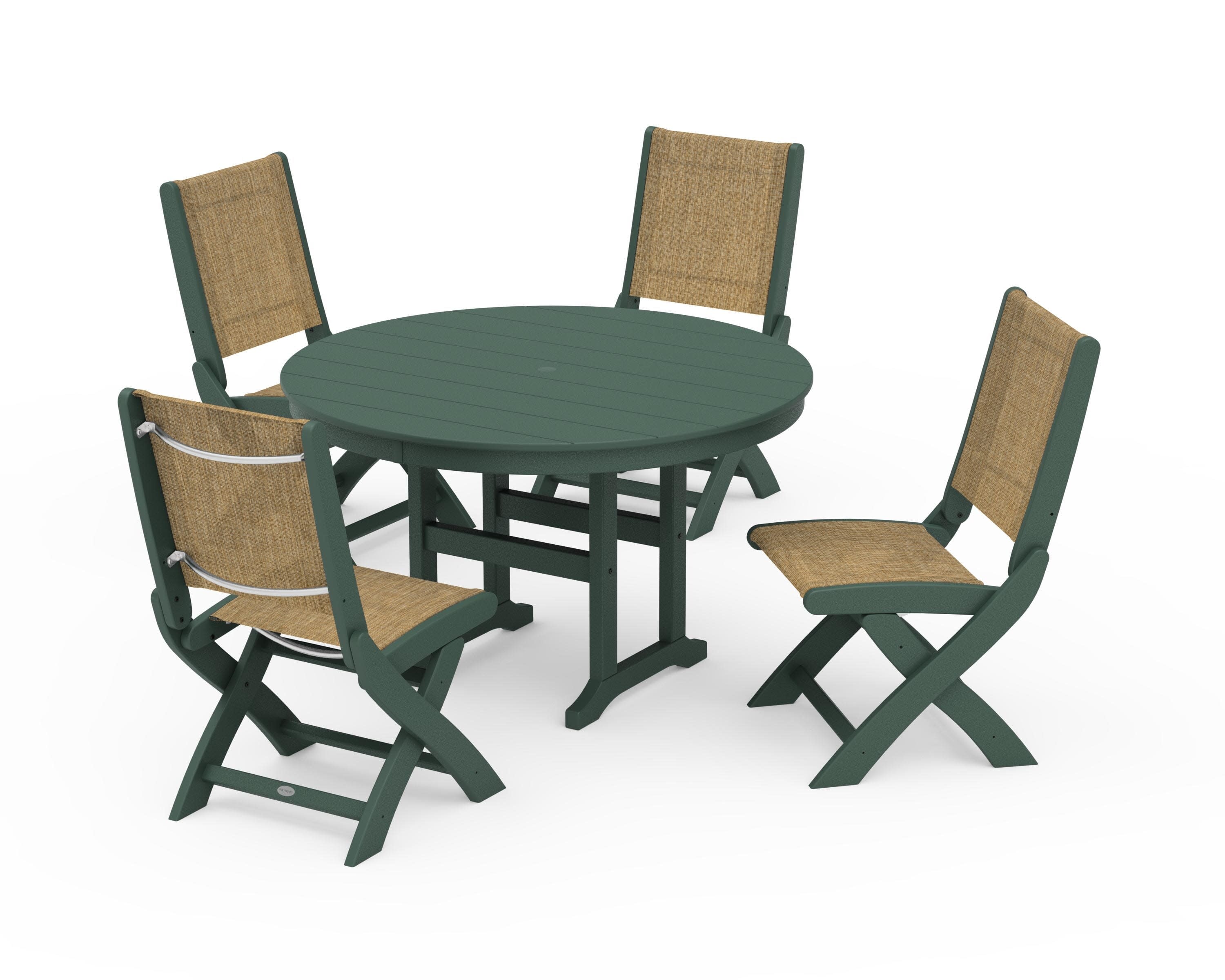 Coastal Folding Side Chair 5-Piece Round Dining Set in Green / Burlap Sling