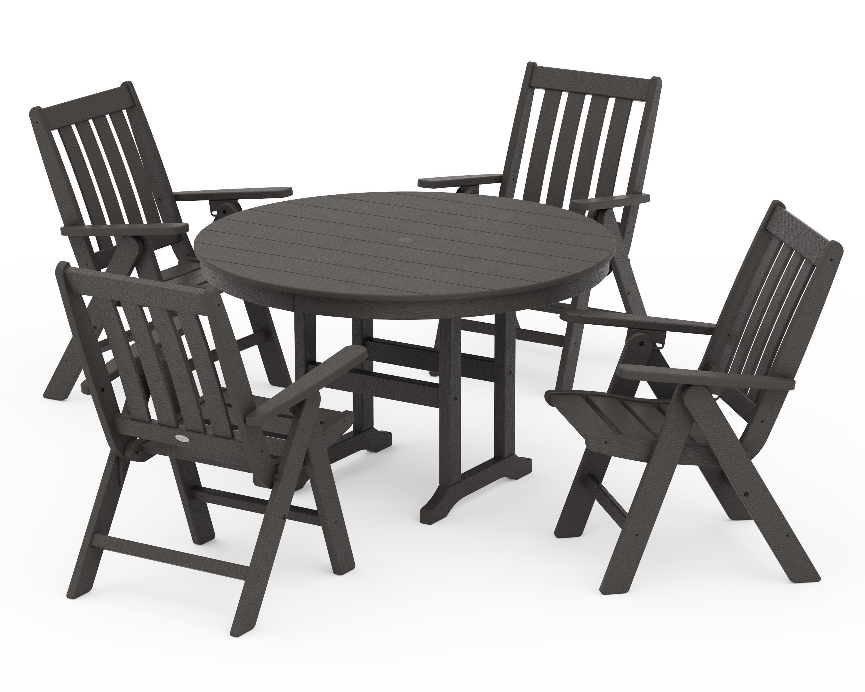 Vineyard Folding Chair 5-Piece Round Farmhouse Dining Set in Vintage Coffee