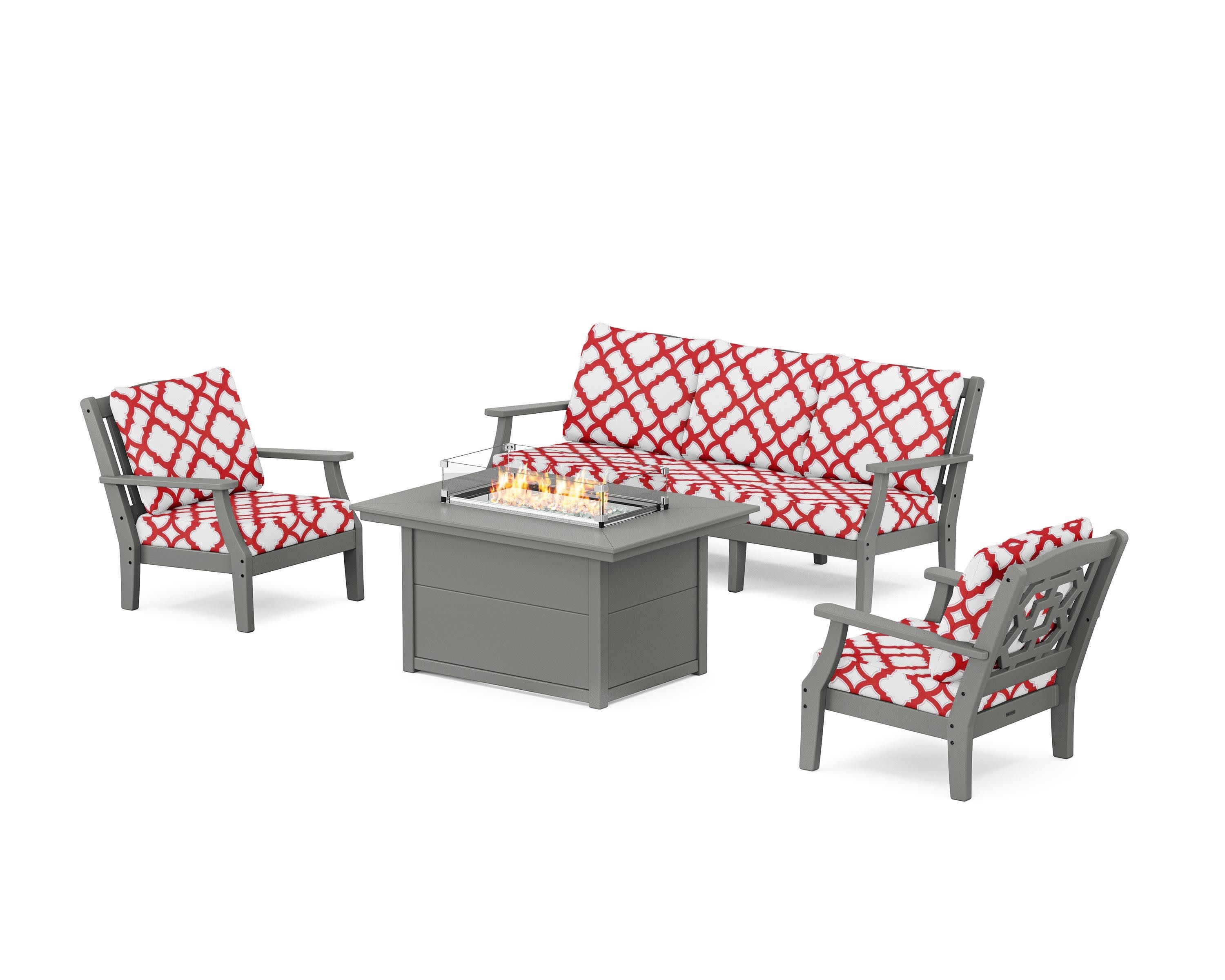 Chinoiserie Deep Seating Fire Pit Table Set in Slate Grey / Trellis Crimson