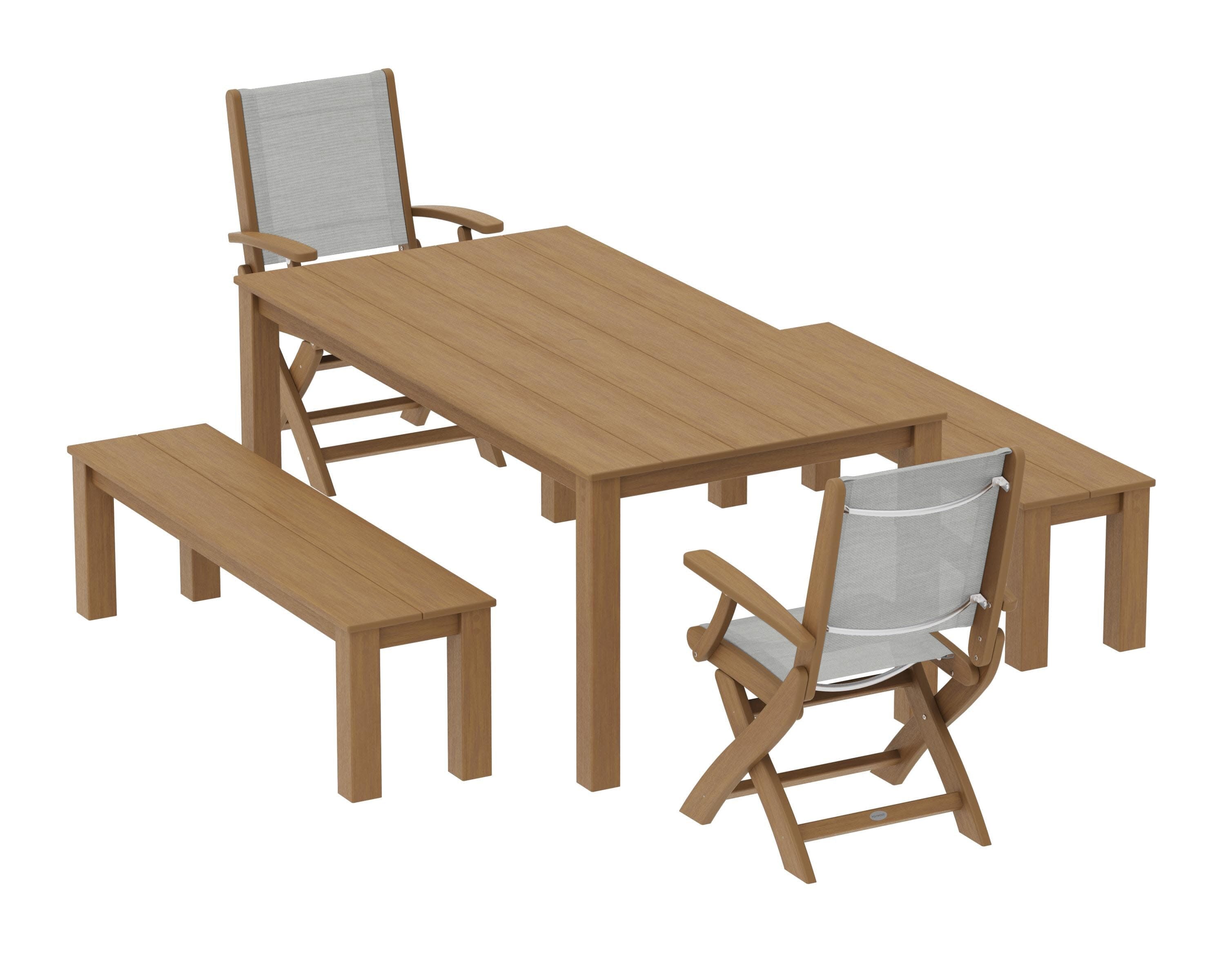 Coastal Folding Chair 5-Piece Parsons Dining Set with Benches in Natural / Metallic Sling