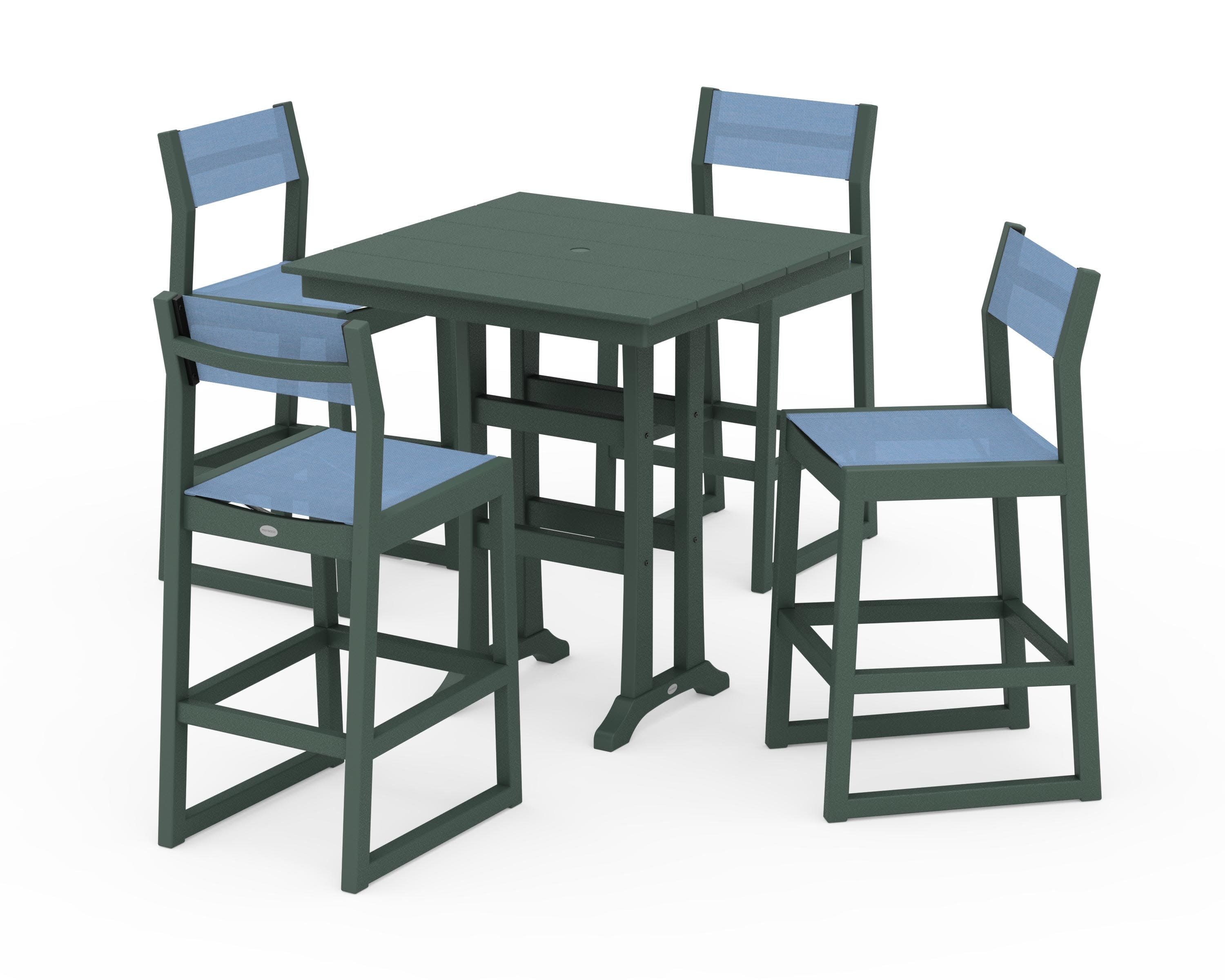 EDGE Sling Arm Chair 5-Piece Farmhouse Bar Set with Trestle Legs in Green / Poolside Sling