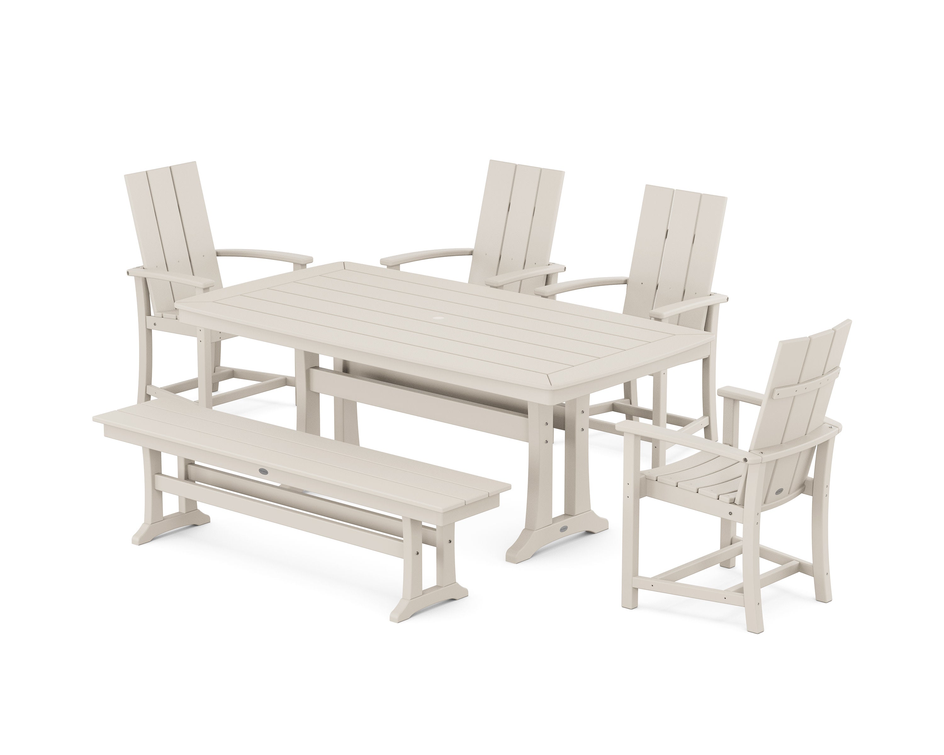 Modern Adirondack 6-Piece Dining Set with Trestle Legs and Bench in Sand