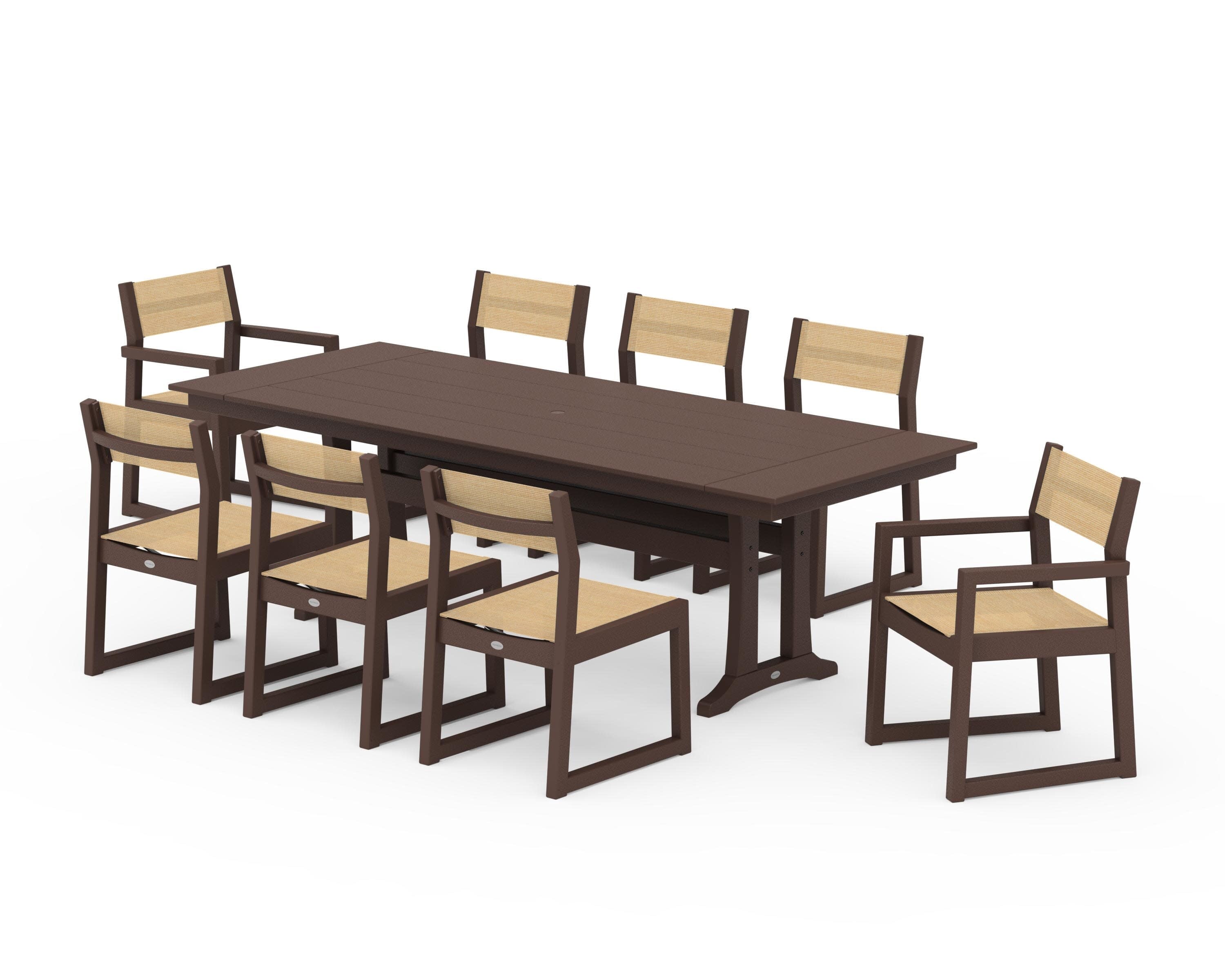 EDGE Sling 9-Piece Farmhouse Trestle Dining Set in Mahogany / Dupioni Apricot Sling