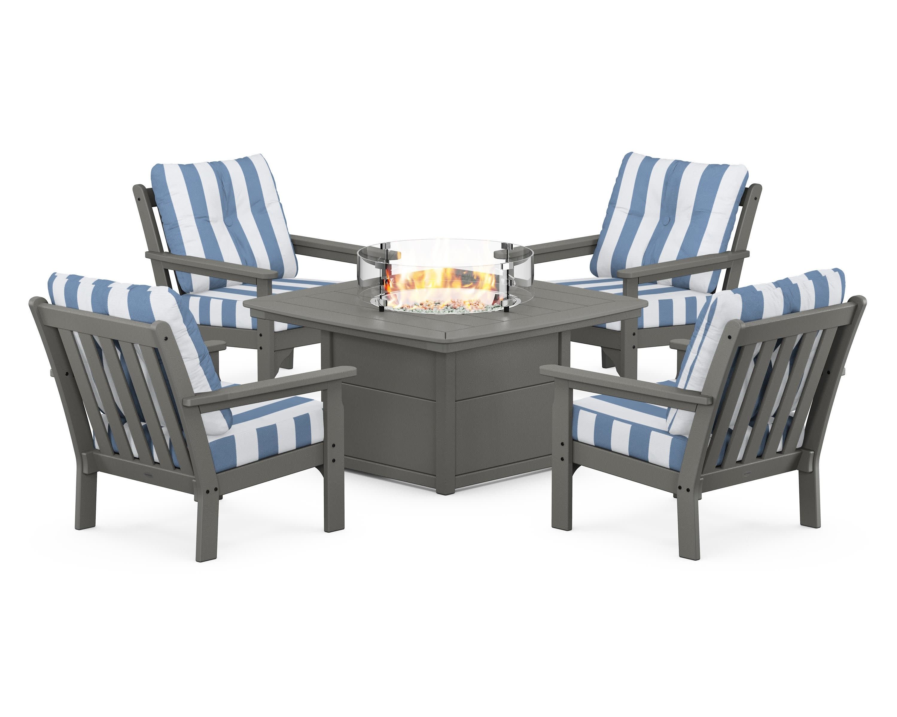 Vineyard 5-Piece Conversation Set with Fire Pit Table in Slate Grey / Cabana Stripe Sky Blue