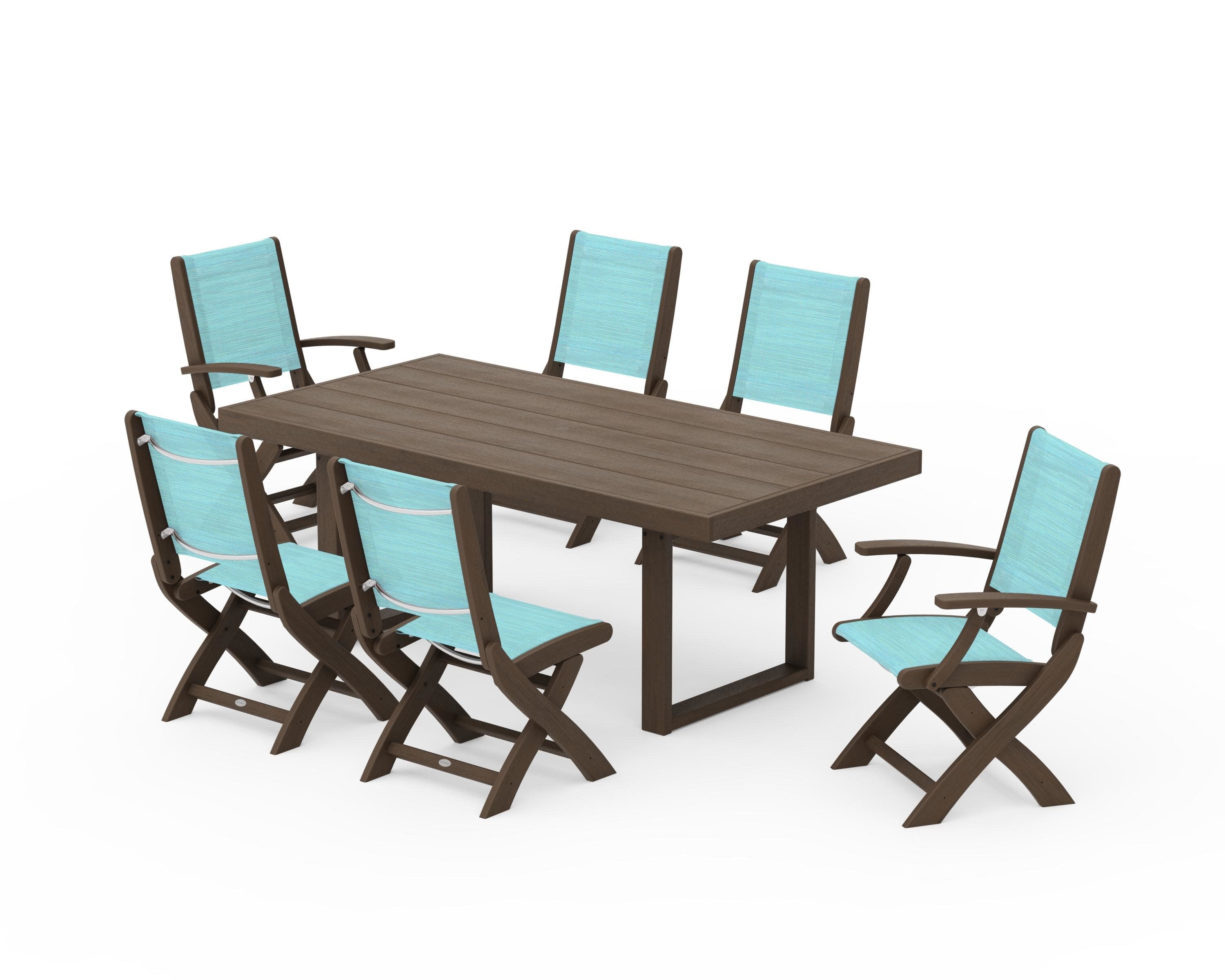 Coastal Folding Chair 7-Piece Dining Set with Trestle Legs in Kona / Dupioni Aquamarine Sling