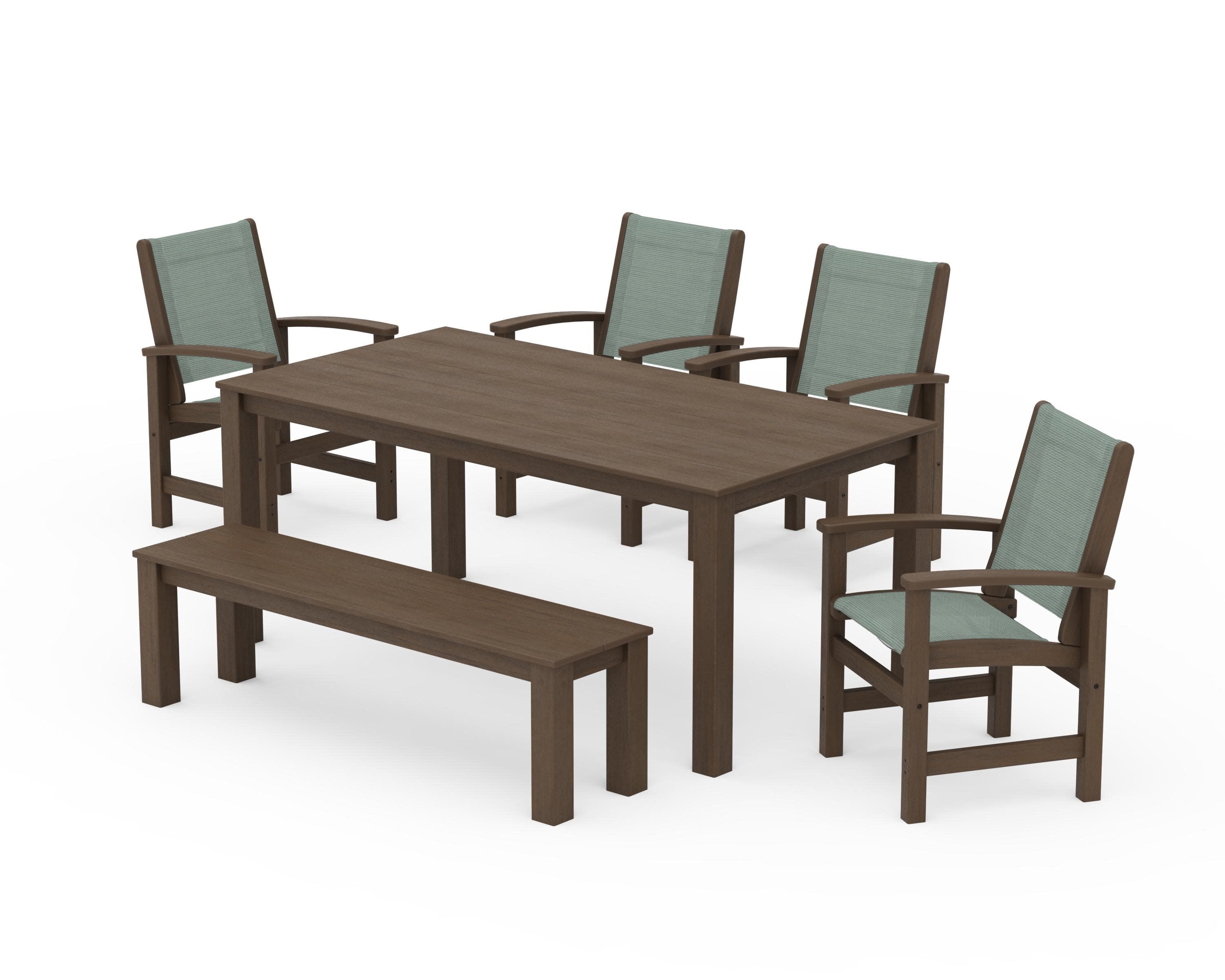 Coastal 6-Piece Parsons Dining Set with Bench in Kona / Dupioni Sea Mist Sling