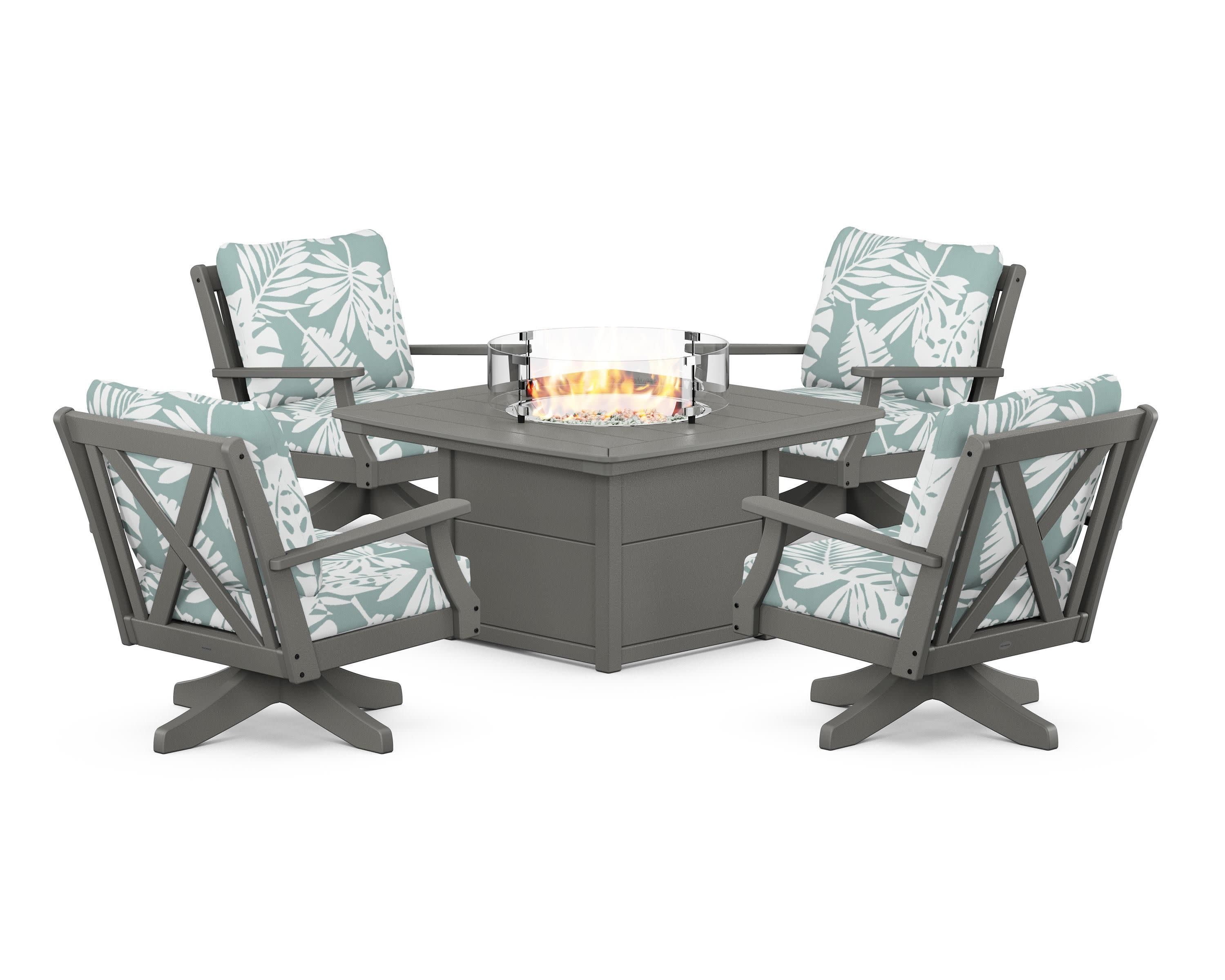 Braxton 5-Piece Deep Seating Swivel Conversation Set with Fire Pit Table in Slate Grey / Leaf Glacier Spa