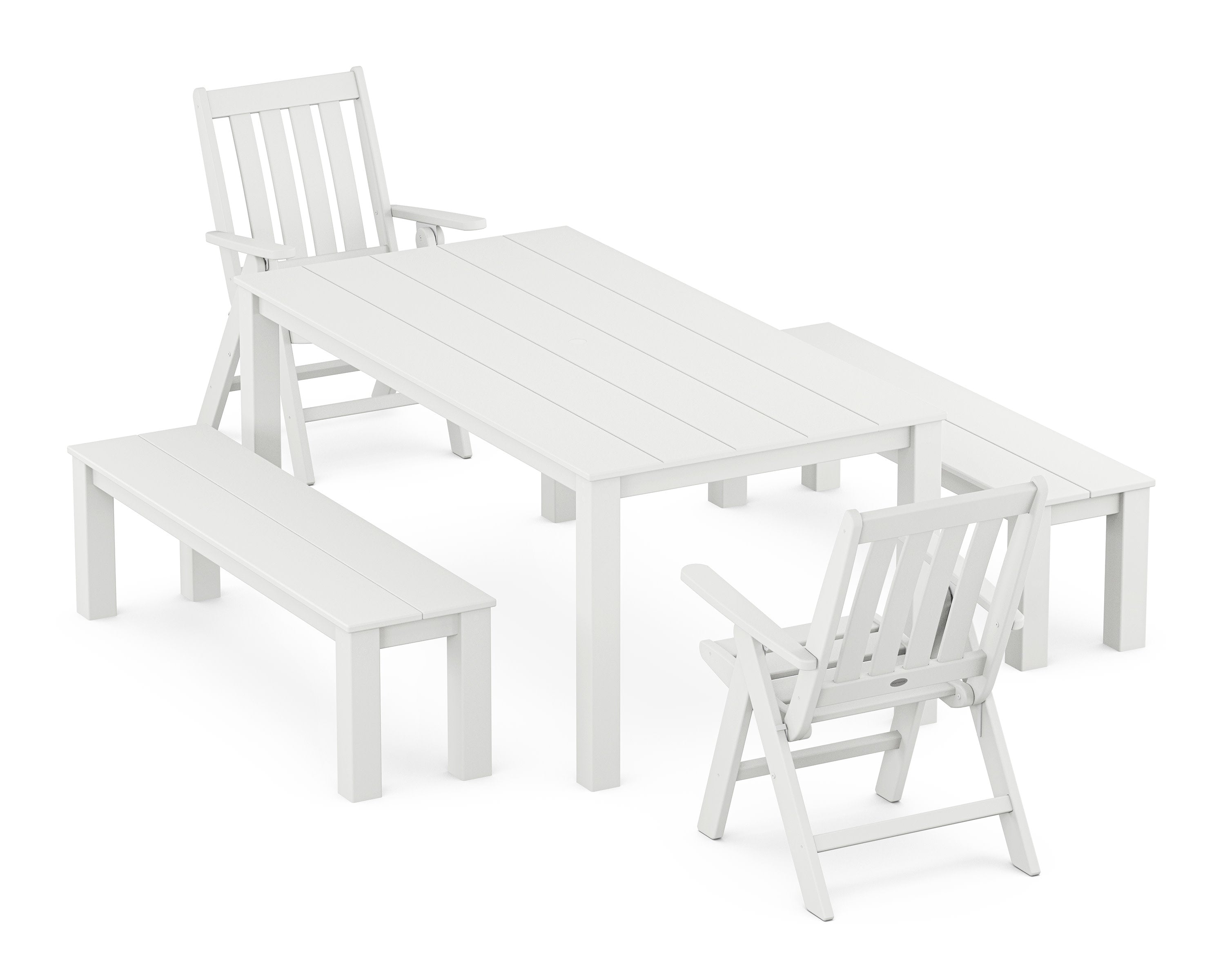 Vineyard Folding Chair 5-Piece Parsons Dining Set with Benches in White