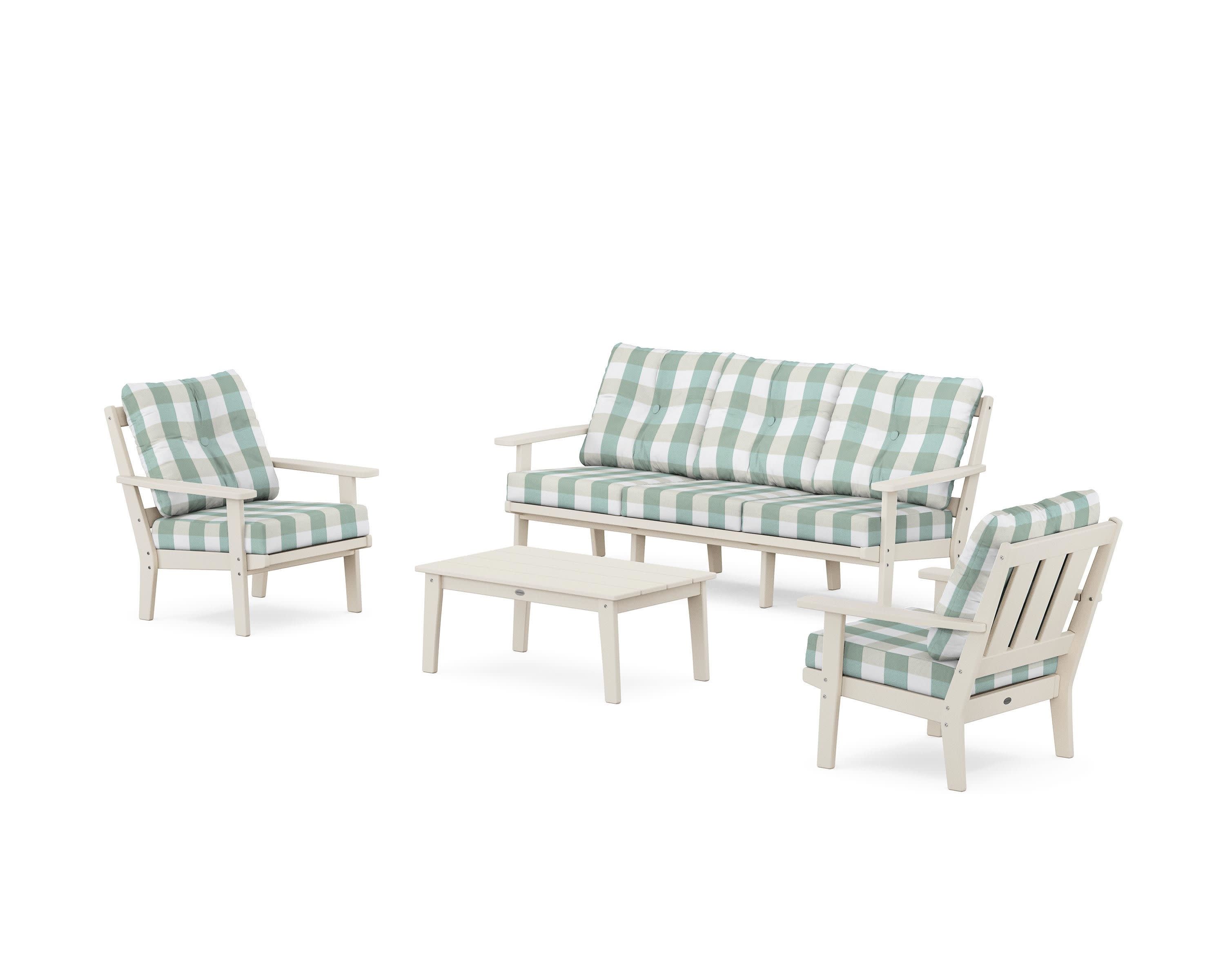 Oxford 4-Piece Deep Seating Set with Sofa in Sand / Buffalo Plaid Glacier Spa