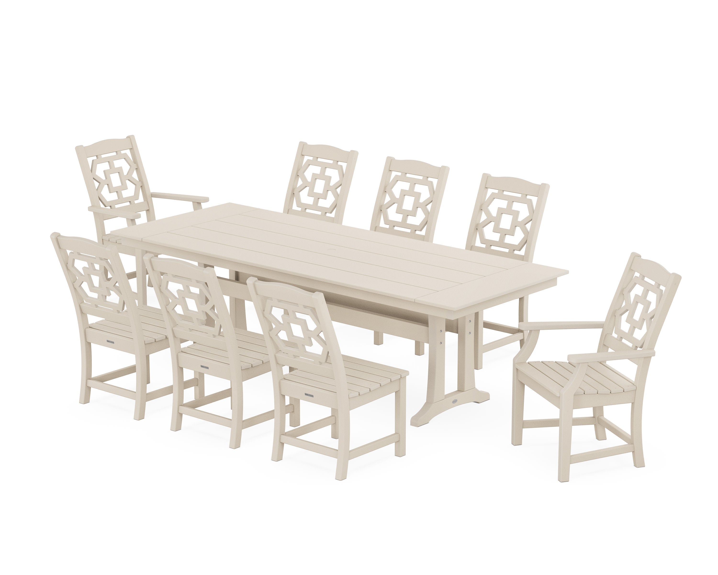 Chinoiserie 9-Piece Farmhouse Dining Set with Trestle Legs in Sand