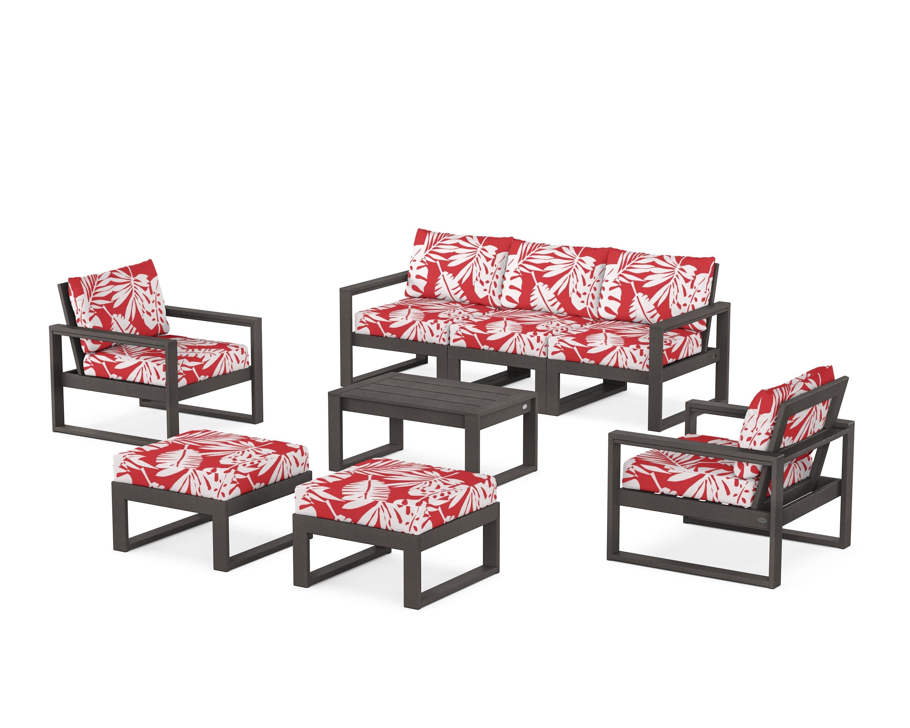 EDGE Sectional 8-Piece Lounge Sofa Set in Vintage Coffee / Leaf Crimson