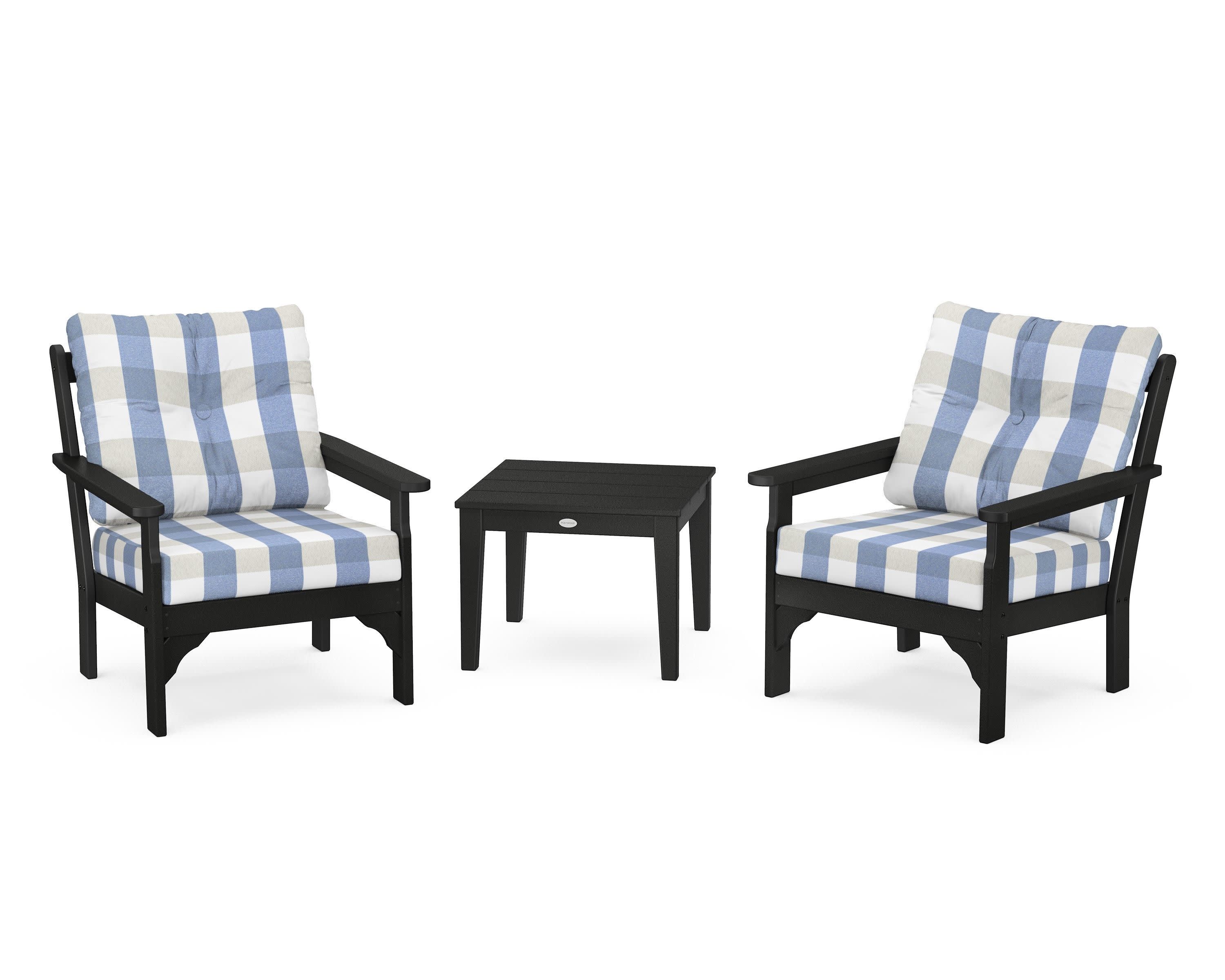 Vineyard 3-Piece Deep Seating Set in Black / Buffalo Plaid Sky Blue