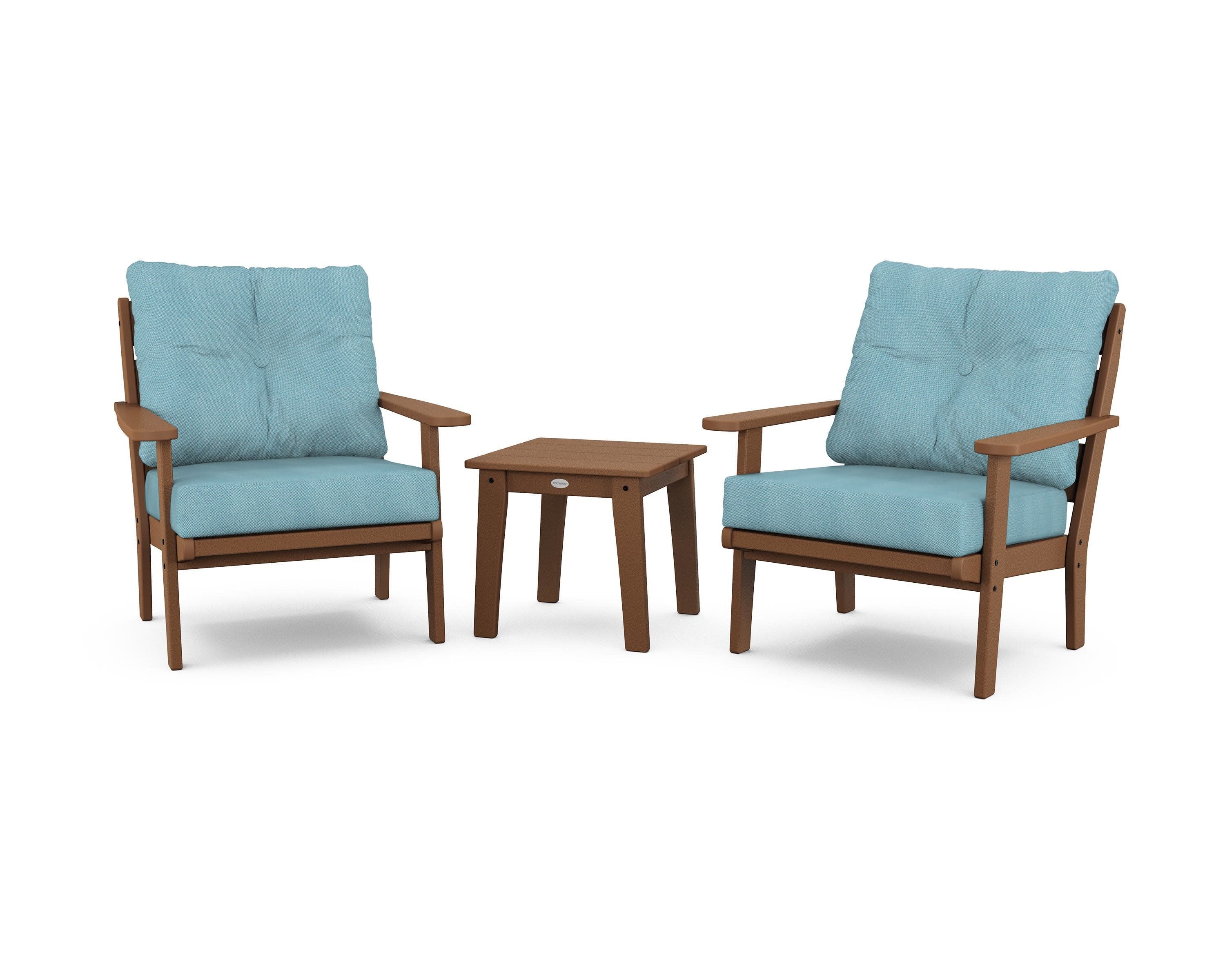 Lakeside 3-Piece Deep Seating Chair Set in Teak / Lattice Sky Blue