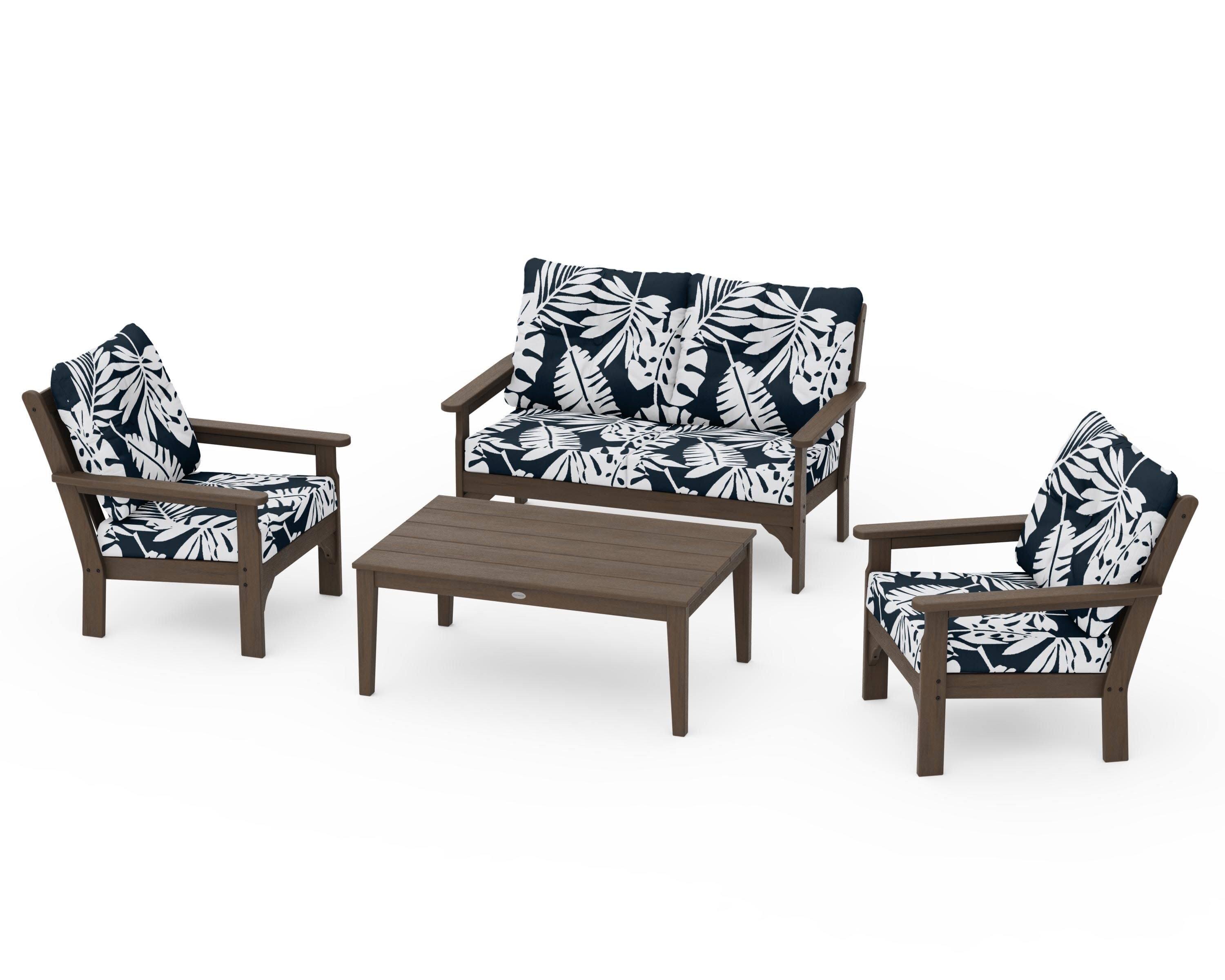 Vineyard 4-Piece Deep Seating Set in Kona / Leaf Marine Indigo