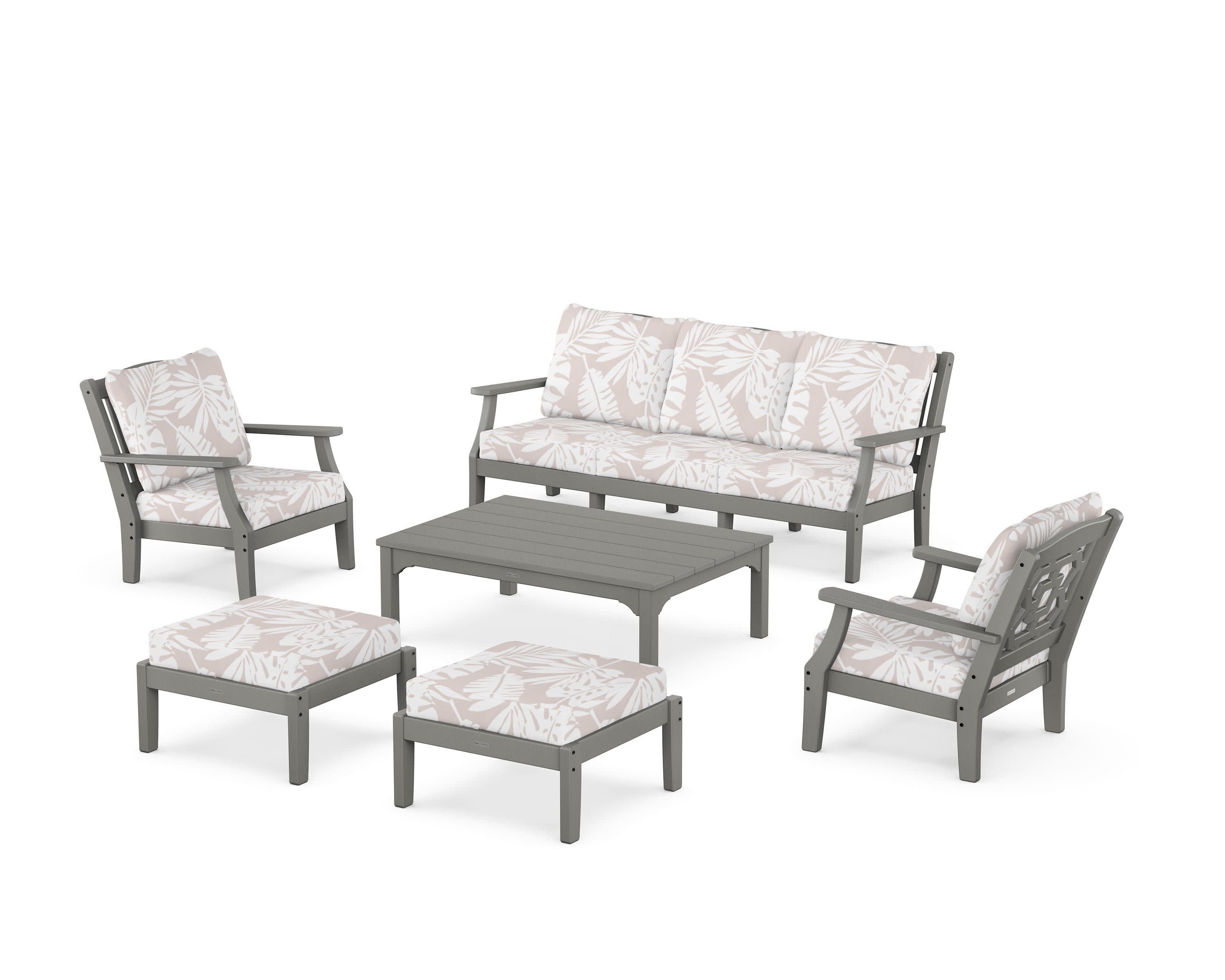 Chinoiserie 6-Piece Lounge Sofa Set in Slate Grey / Leaf Dune Burlap
