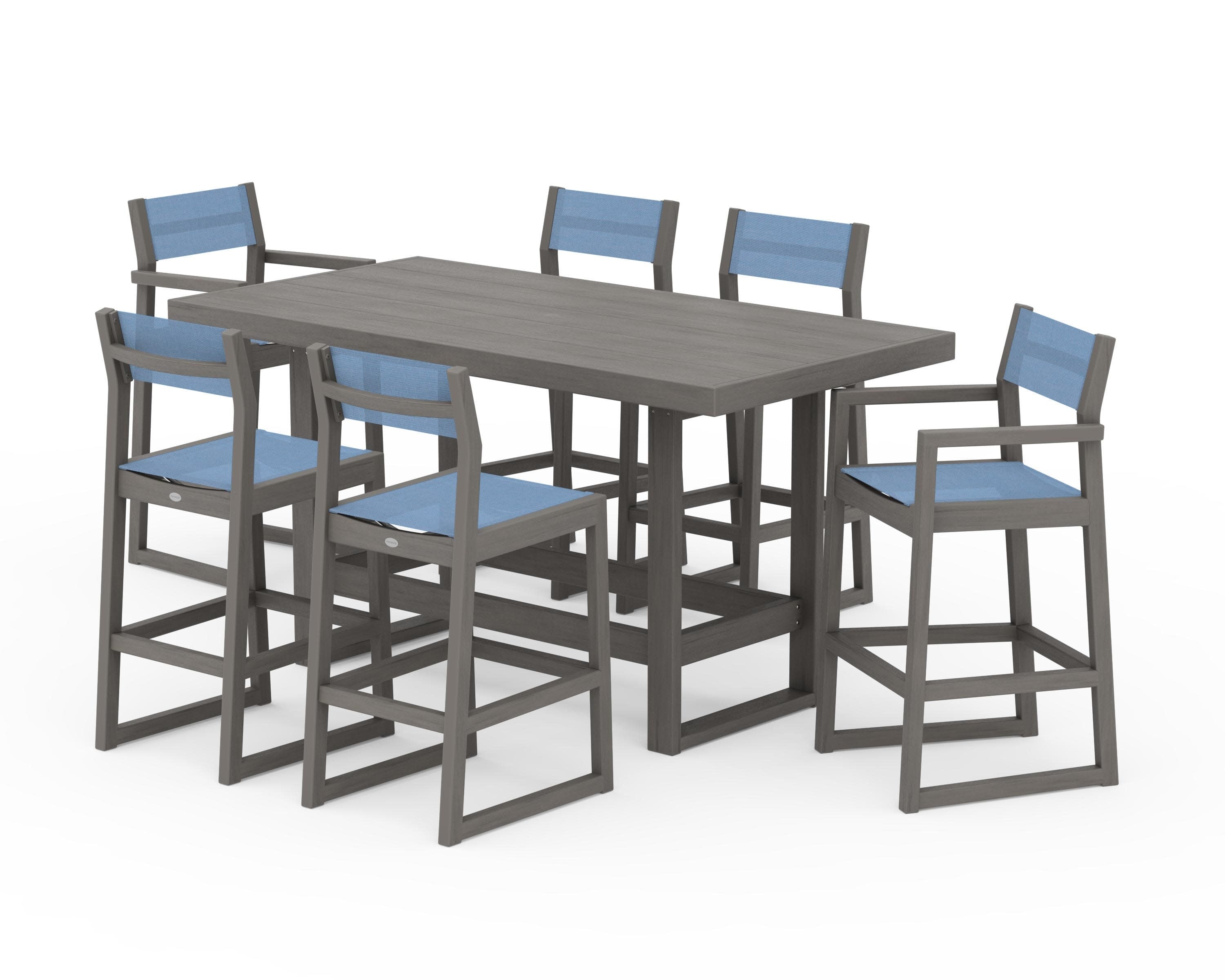 EDGE Sling 7-Piece Bar Table Set in Driftwood / Poolside Sling