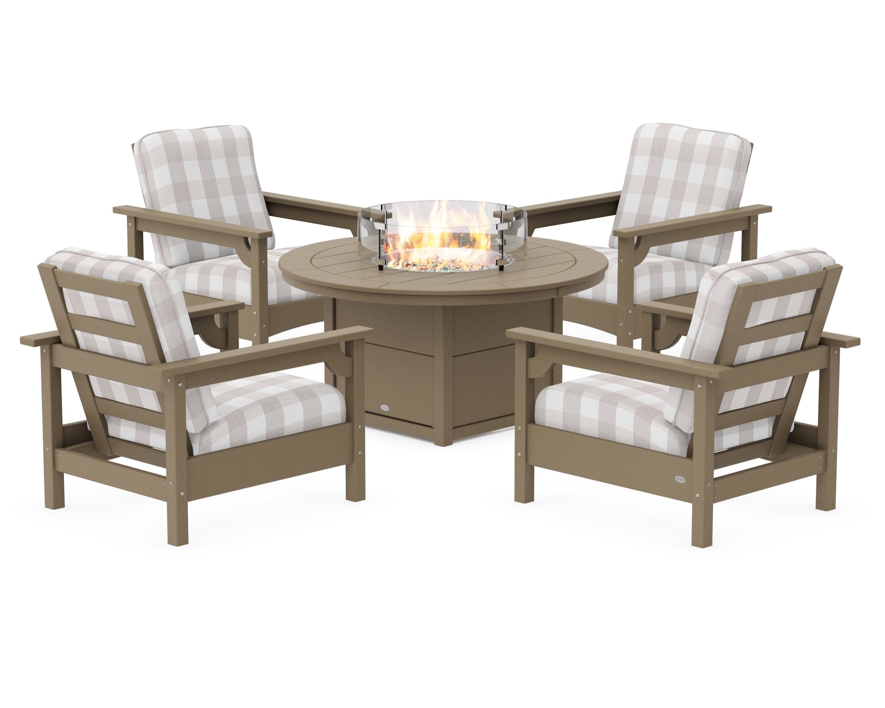Club 5-Piece Conversation Set with Fire Pit Table in Vintage Sahara / Buffalo Plaid Dune Burlap