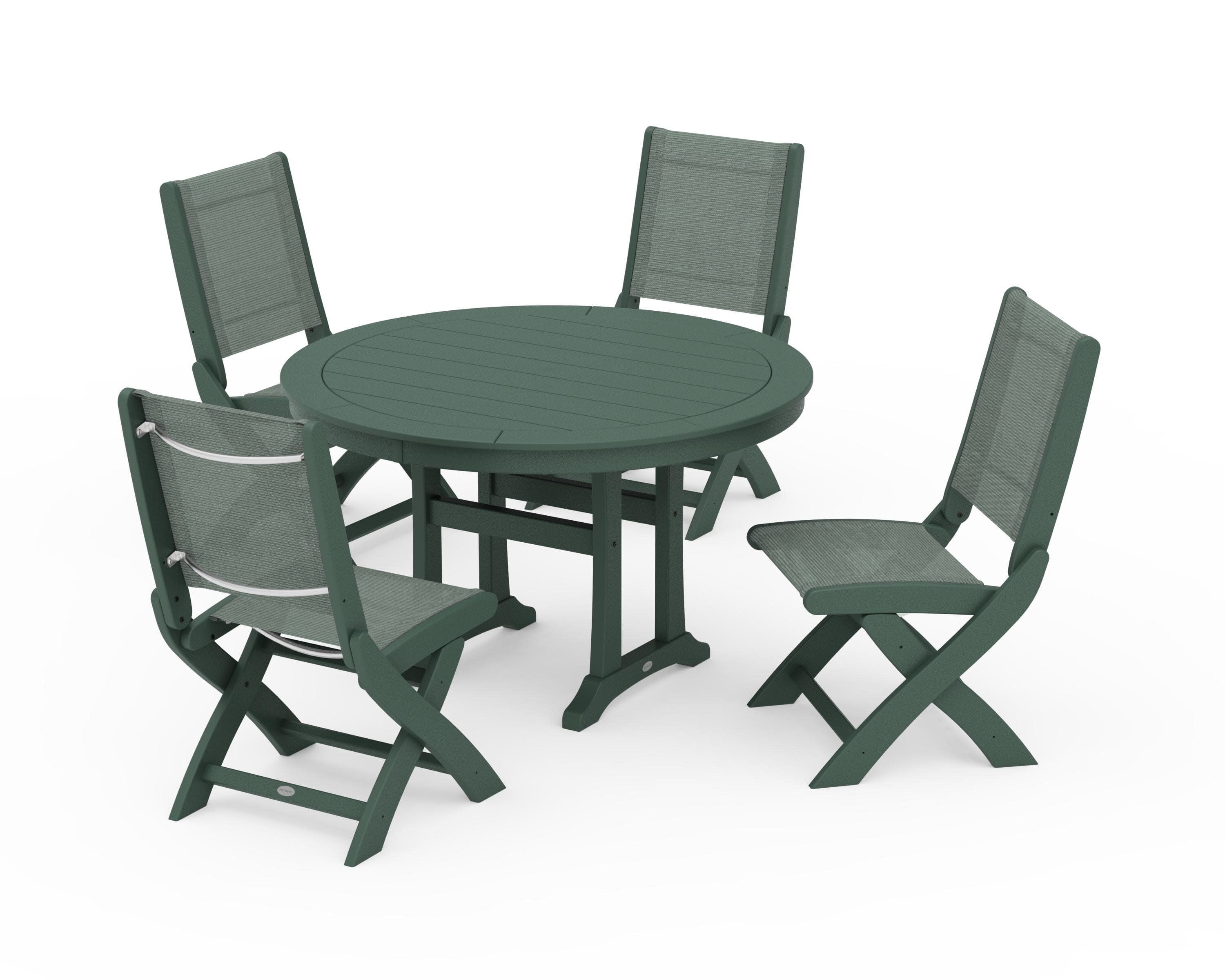 Coastal Folding Side Chair 5-Piece Round Dining Set With Trestle Legs in Green / Dupioni Sea Mist Sling
