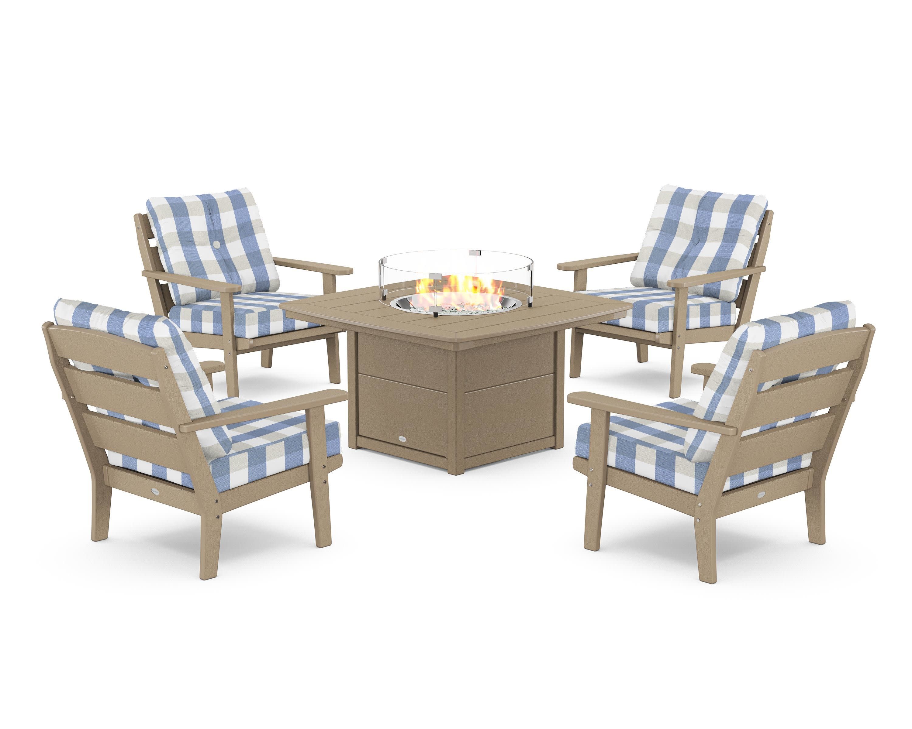 Lakeside 5-Piece Deep Seating Set with Nautical Fire Pit Table in Vintage Sahara / Buffalo Plaid Sky Blue